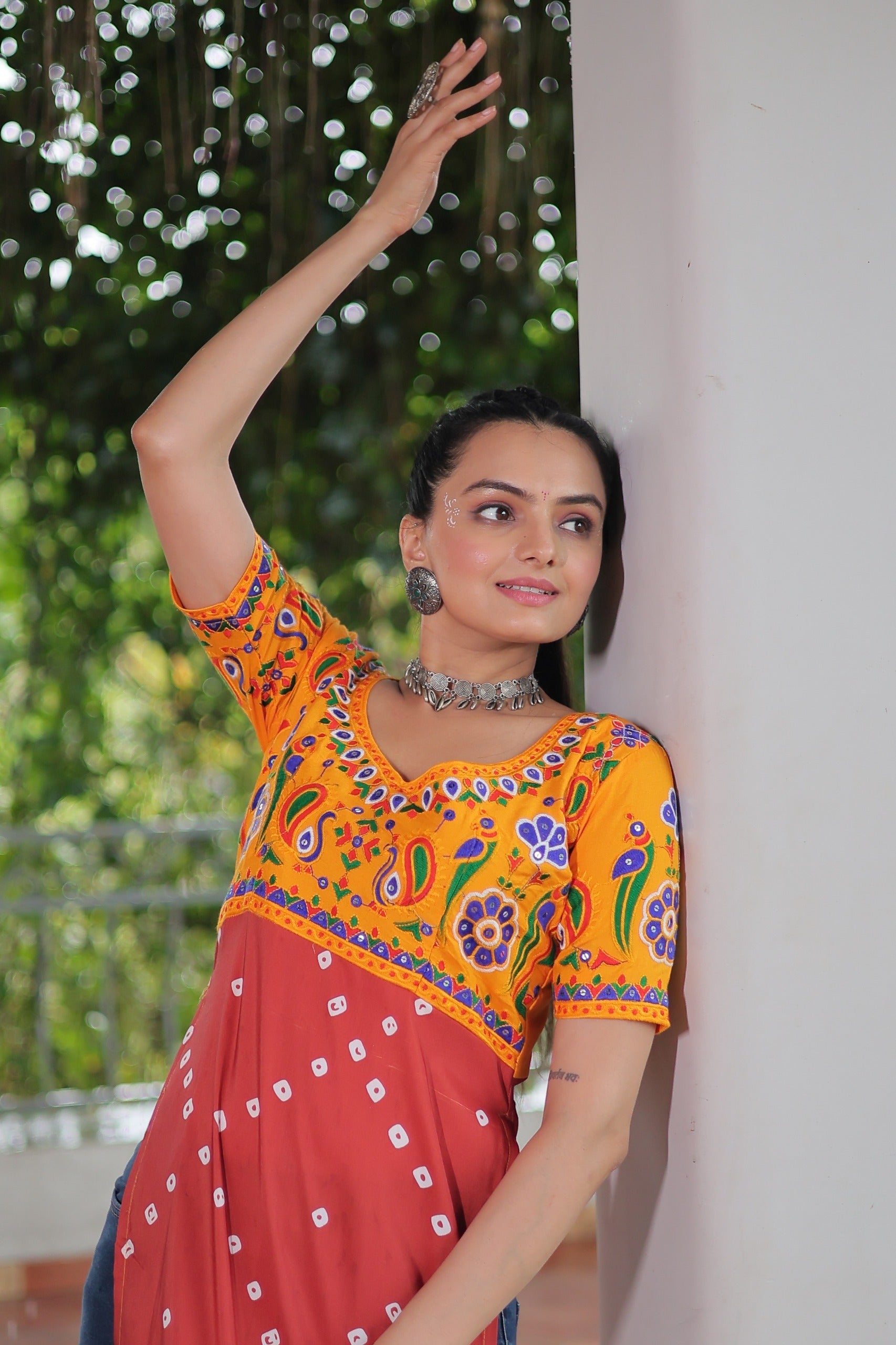 Prazu Fashion Red Rayon Printed With Kutchi Gamthi Work Navaratri Kurti