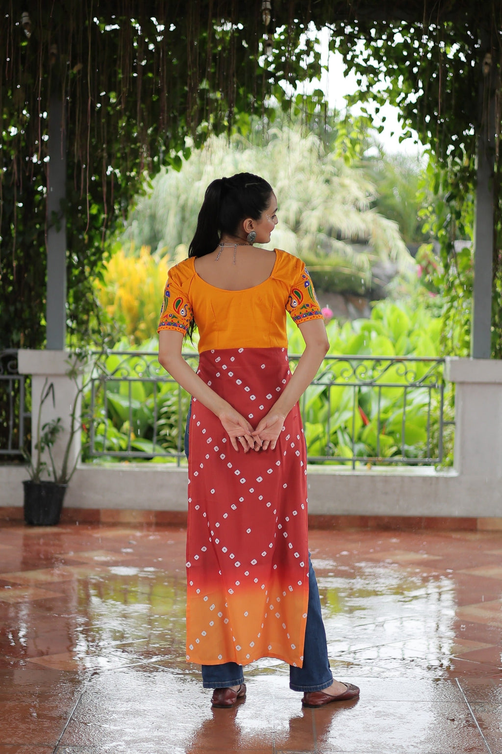 Prazu Fashion Red Rayon Printed With Kutchi Gamthi Work Navaratri Kurti