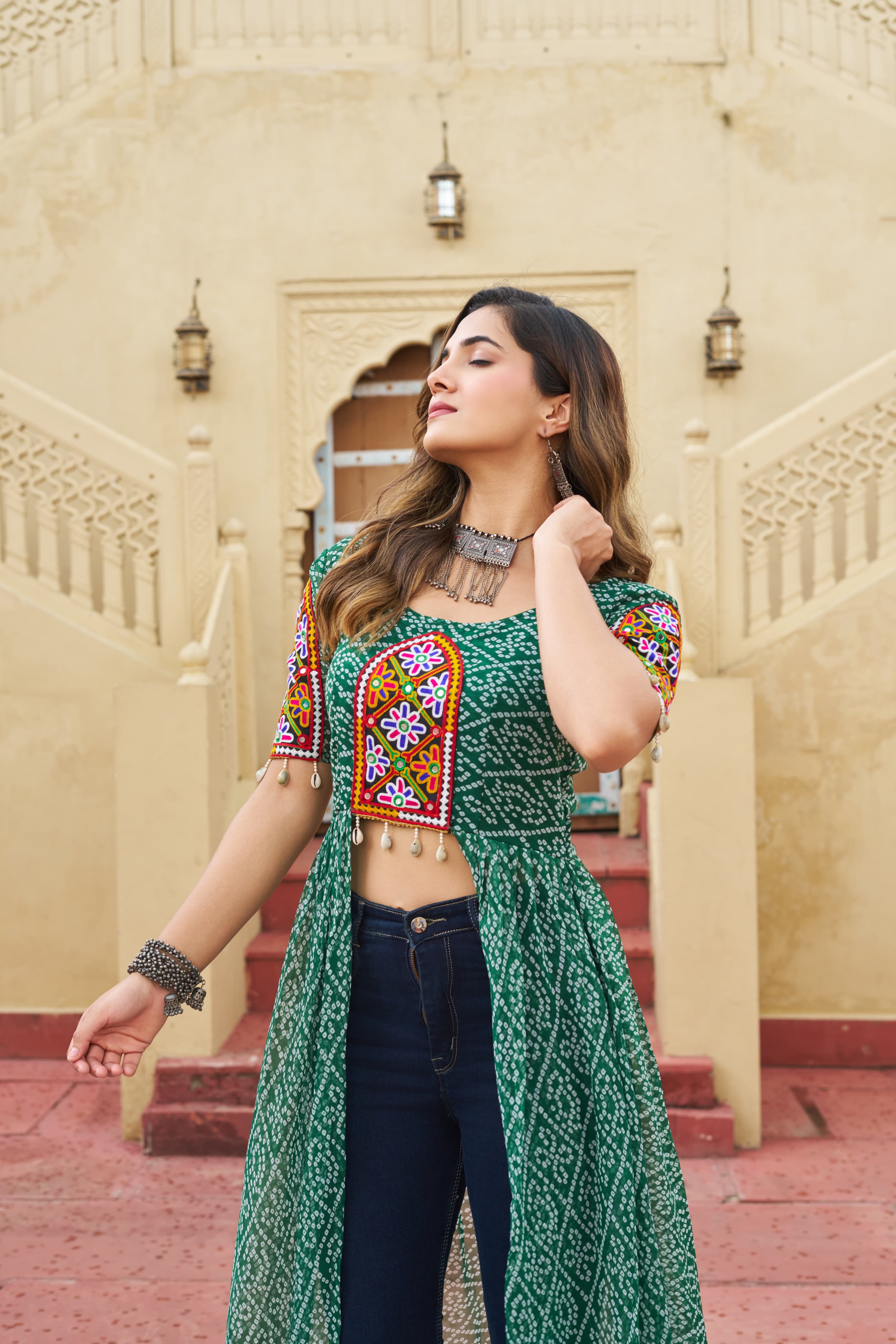Prazu Fashion Green Georgette Bandhani Print With Kutchi Patch work Navaratri Kurti
