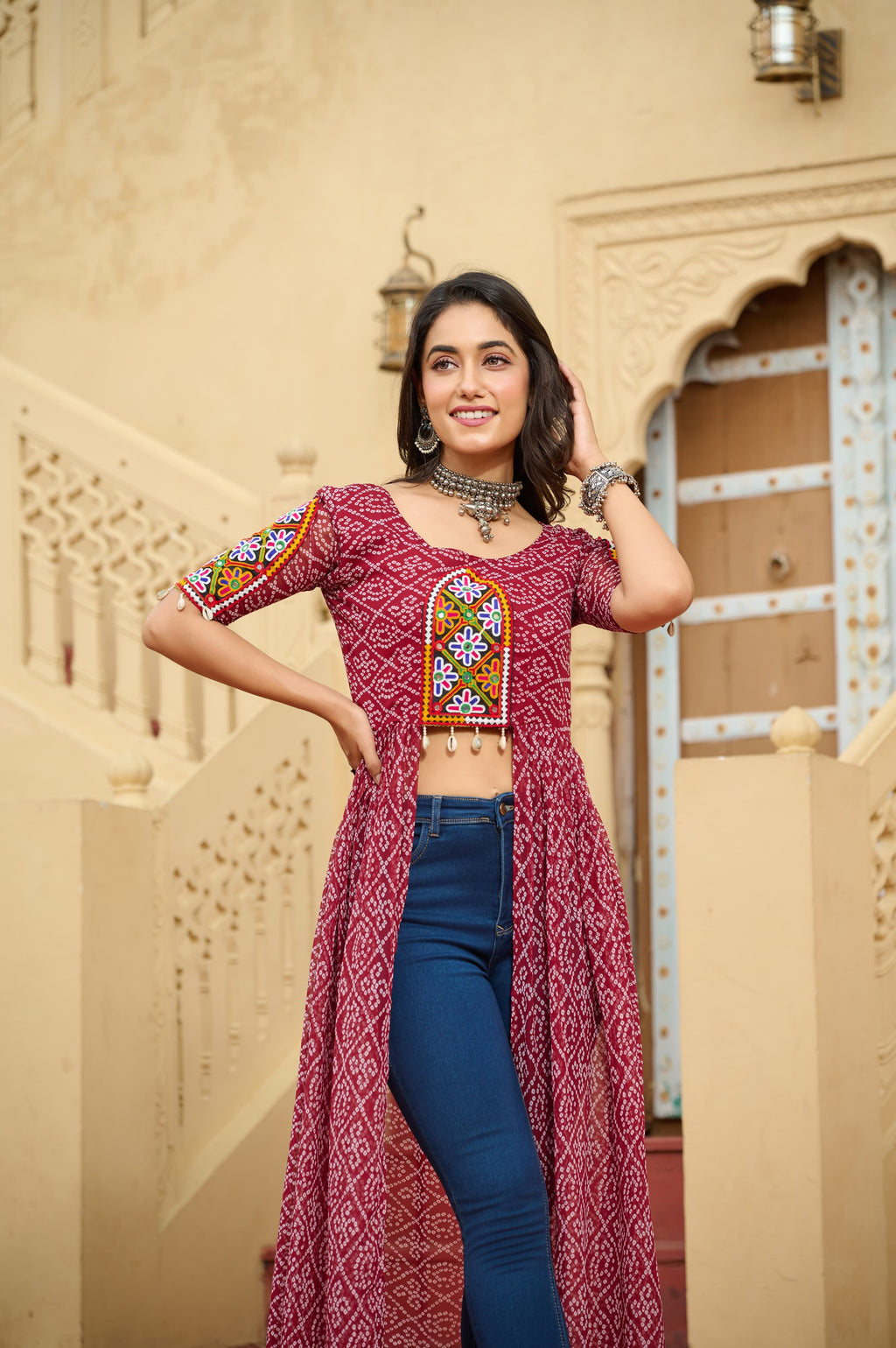 Prazu Fashion Maroon Georgette Bandhani Print With Kutchi Patch work Navaratri Kurti