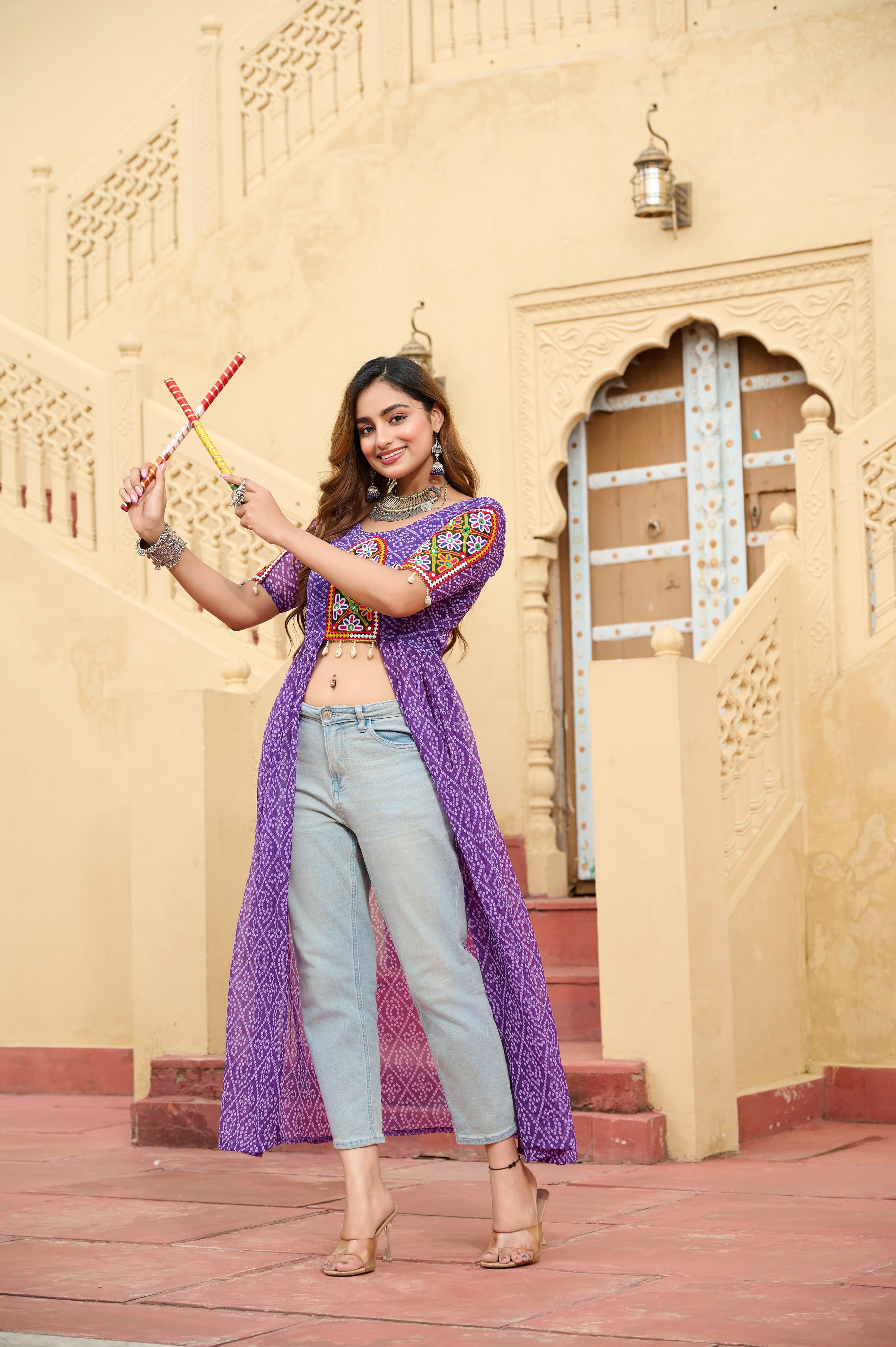 Prazu Fashion Violet Georgette Bandhani Print With Kutchi Patch work Navaratri Kurti