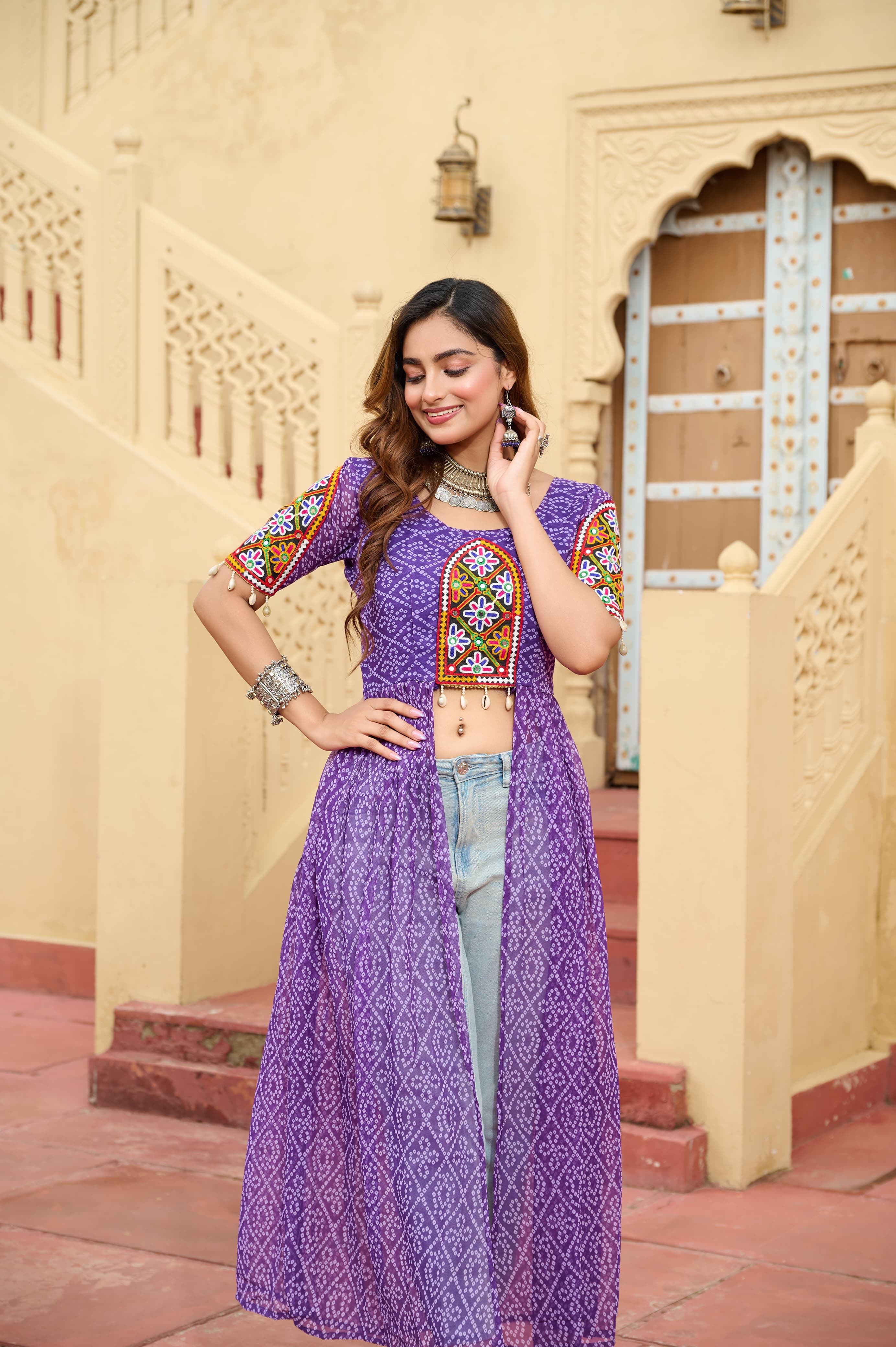 Prazu Fashion Violet Georgette Bandhani Print With Kutchi Patch work Navaratri Kurti