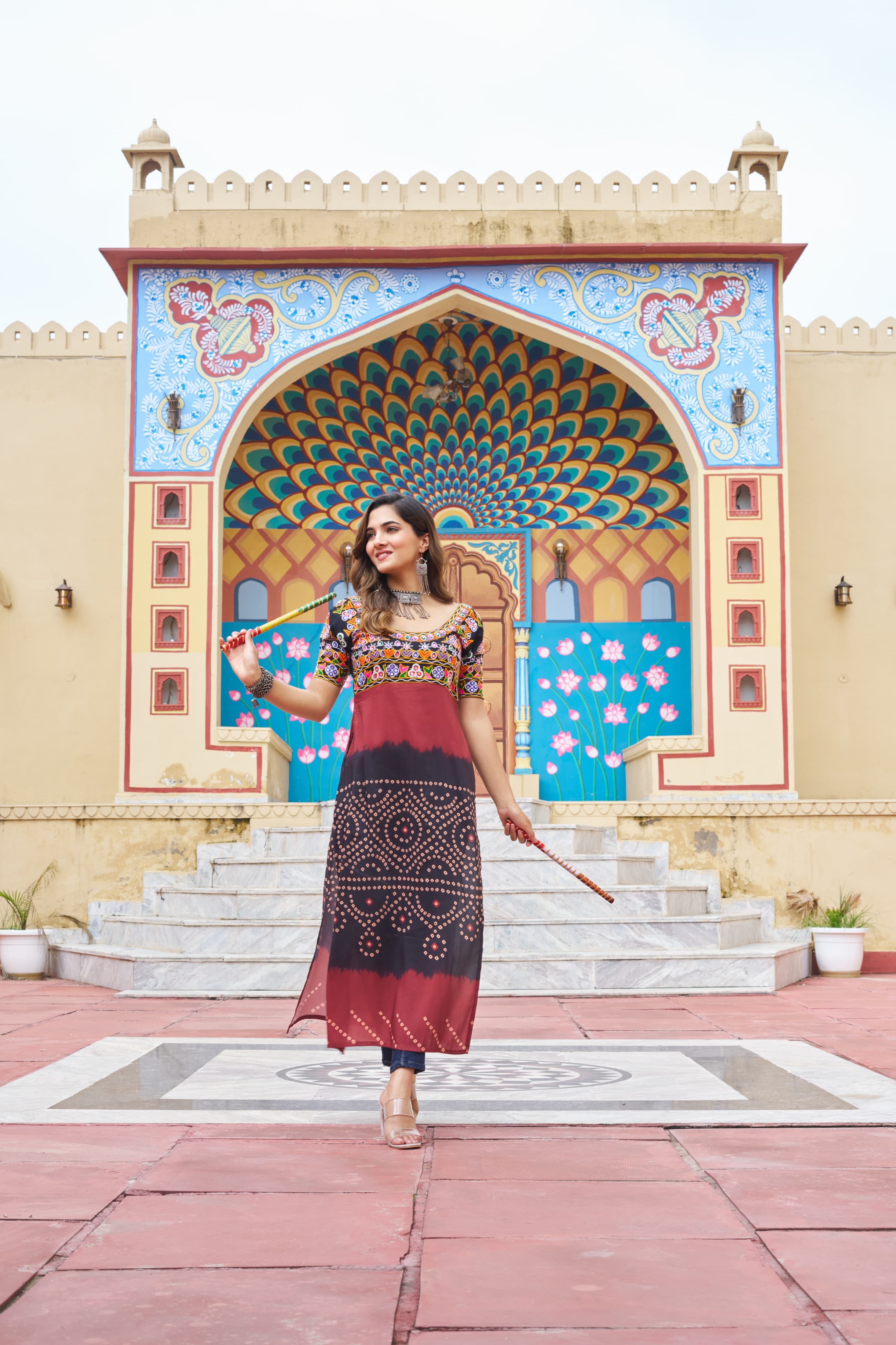 Prazu Fashion Black Rayon Printed With Kutchi Gamthi Work Navaratri Kurti