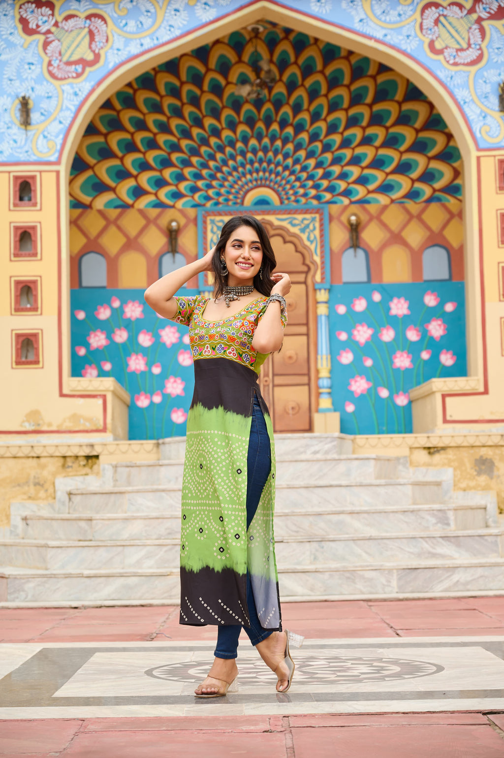 Prazu Fashion Light Green Rayon Printed With Kutchi Gamthi Work Navaratri Kurti