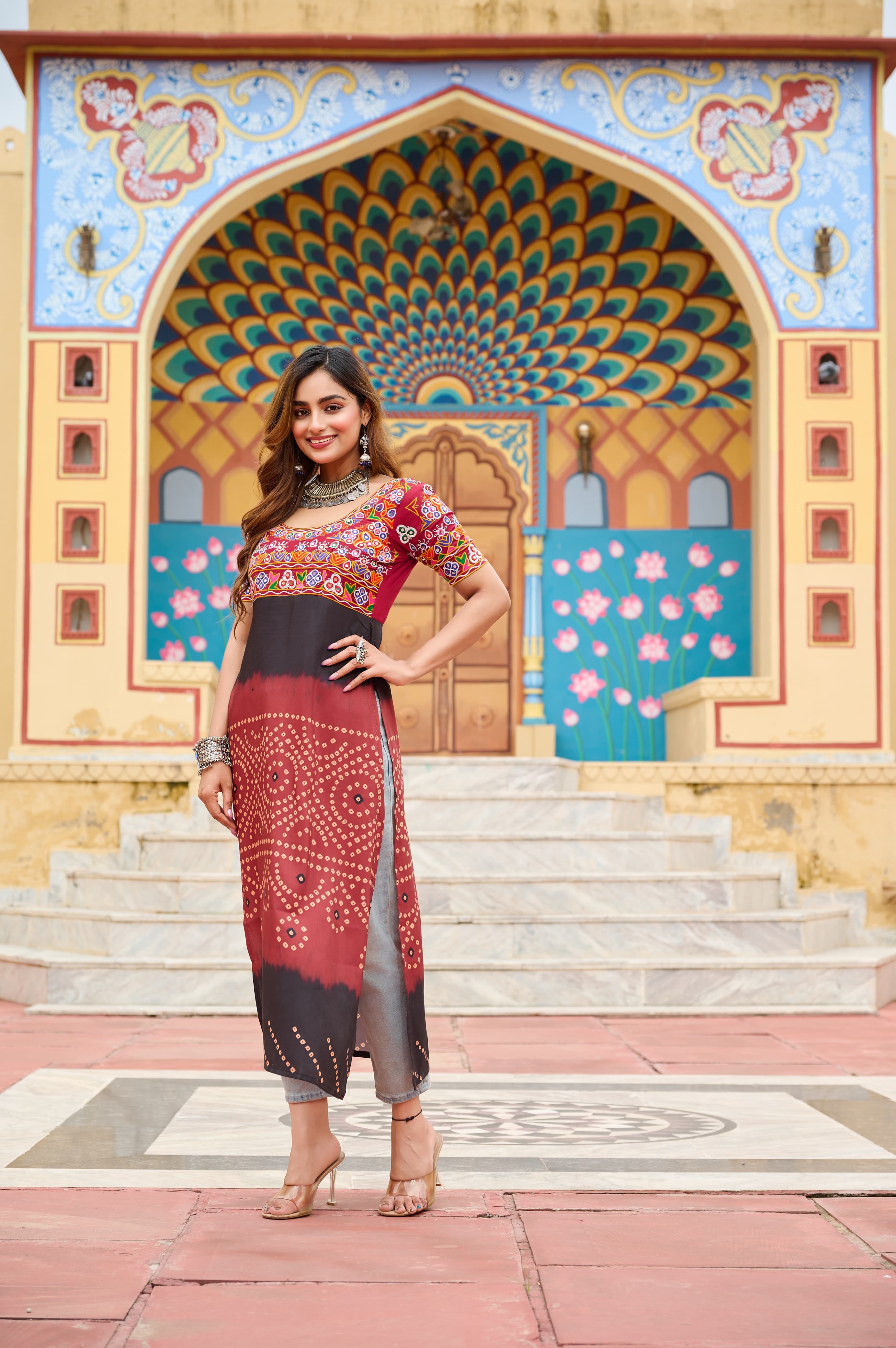 Prazu Fashion Maroon Rayon Printed With Kutchi Gamthi Work Navaratri Kurti
