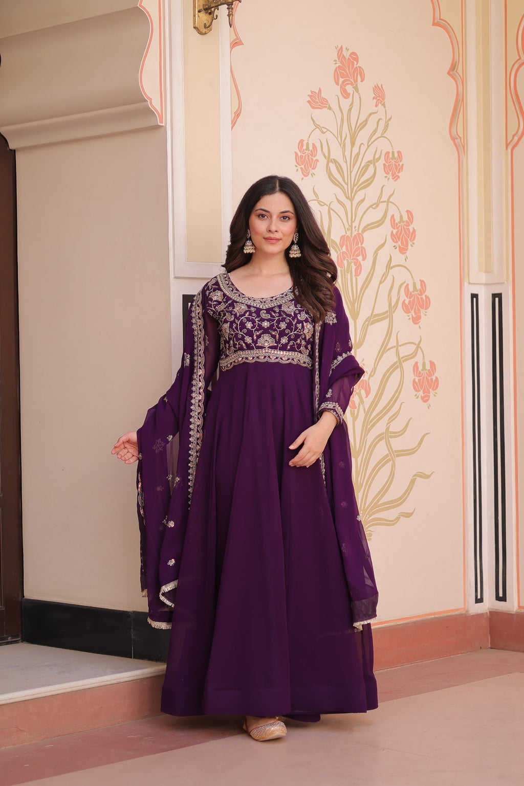 Prazu Fashion Purple Georgette With Beads Embroidery-Work Gown