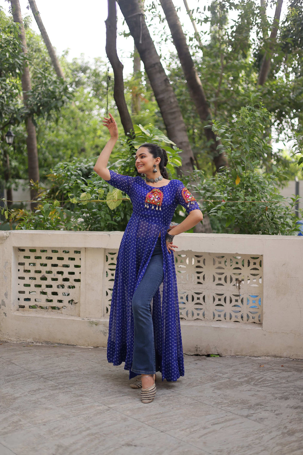 Prazu Fashion Blue Georgette Bandhani Print With Kutchi Patch work Navaratri Kurti