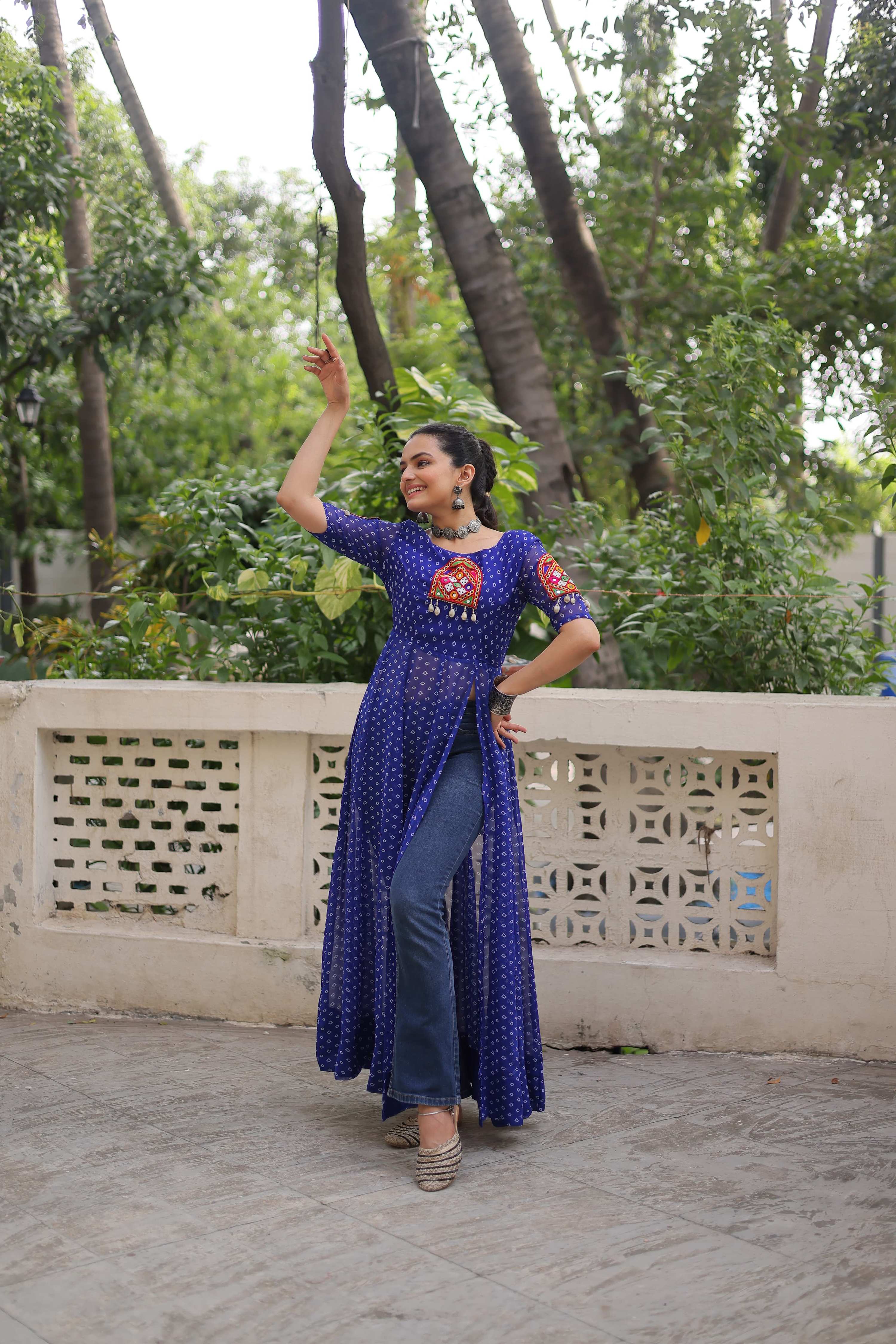 Prazu Fashion Blue Georgette Bandhani Print With Kutchi Patch work Navaratri Kurti