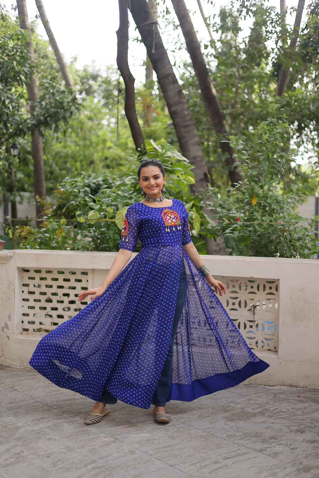 Prazu Fashion Blue Georgette Bandhani Print With Kutchi Patch work Navaratri Kurti
