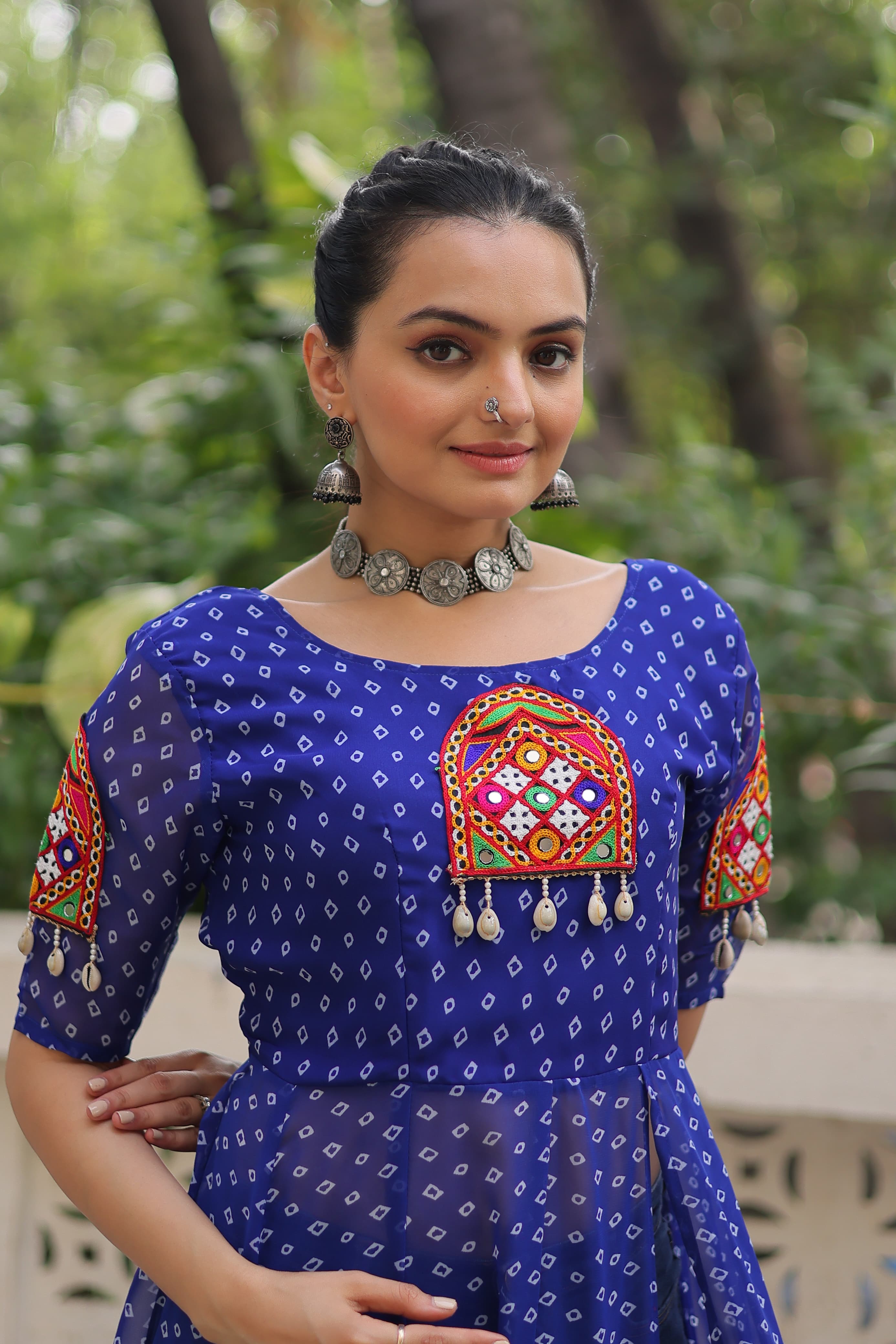 Prazu Fashion Blue Georgette Bandhani Print With Kutchi Patch work Navaratri Kurti