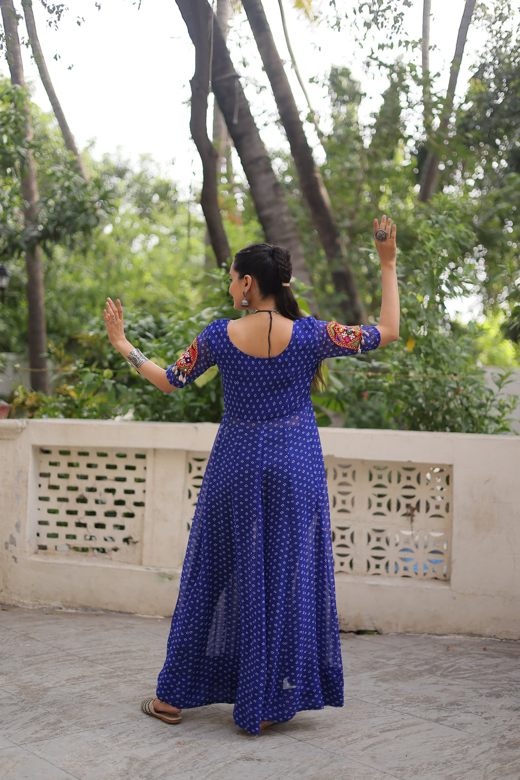 Prazu Fashion Blue Georgette Bandhani Print With Kutchi Patch work Navaratri Kurti