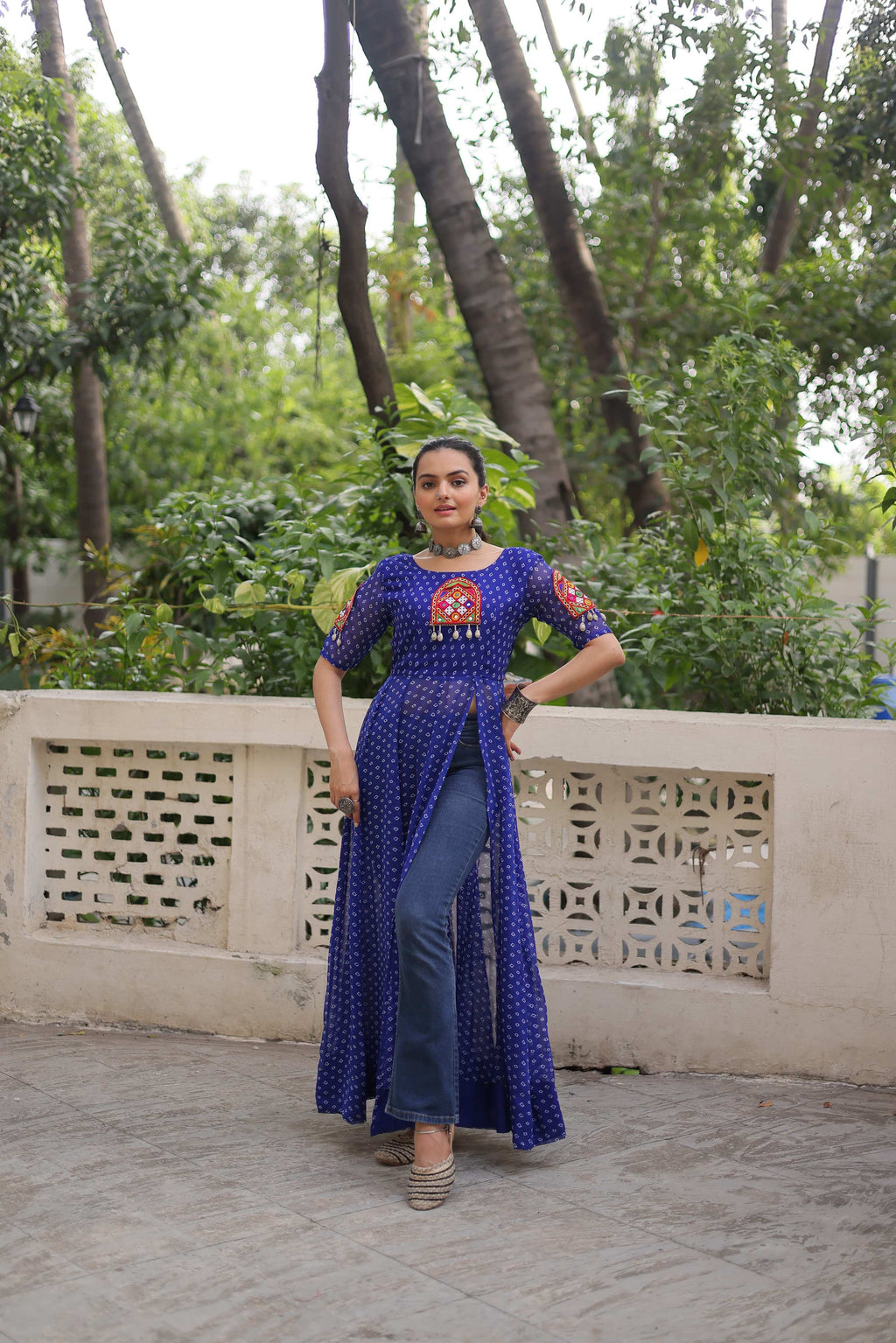 Prazu Fashion Blue Georgette Bandhani Print With Kutchi Patch work Navaratri Kurti