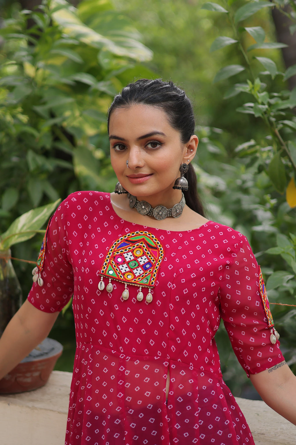 Prazu Fashion Pink Georgette Bandhani Print With Kutchi Patch work Navaratri Kurti