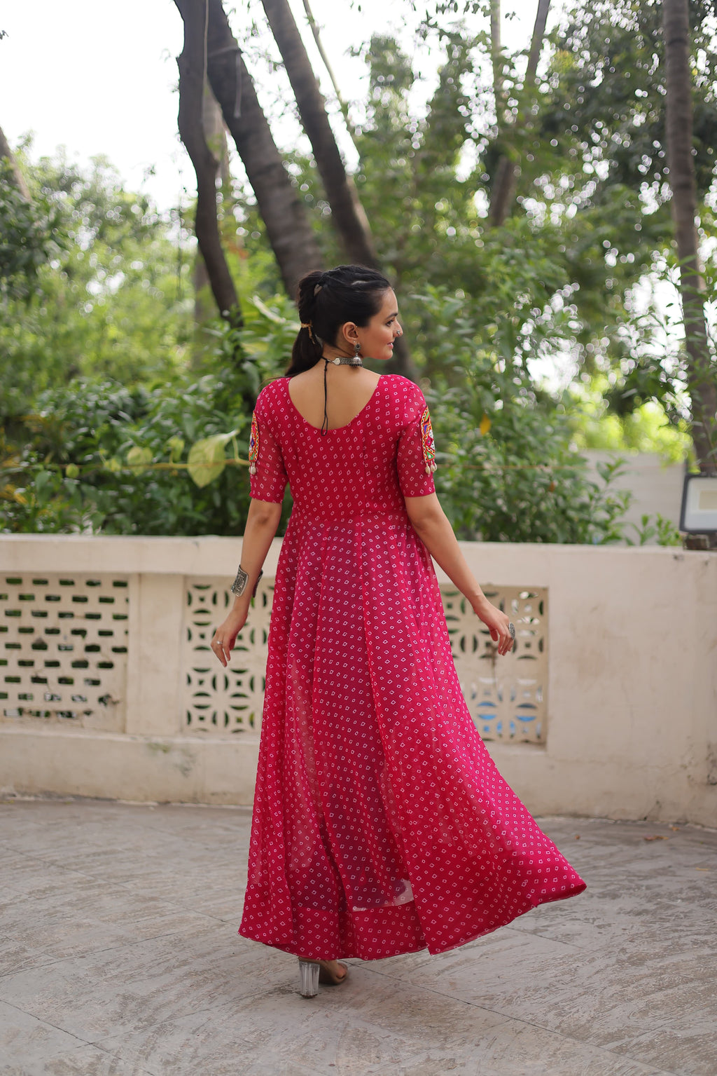 Prazu Fashion Pink Georgette Bandhani Print With Kutchi Patch work Navaratri Kurti