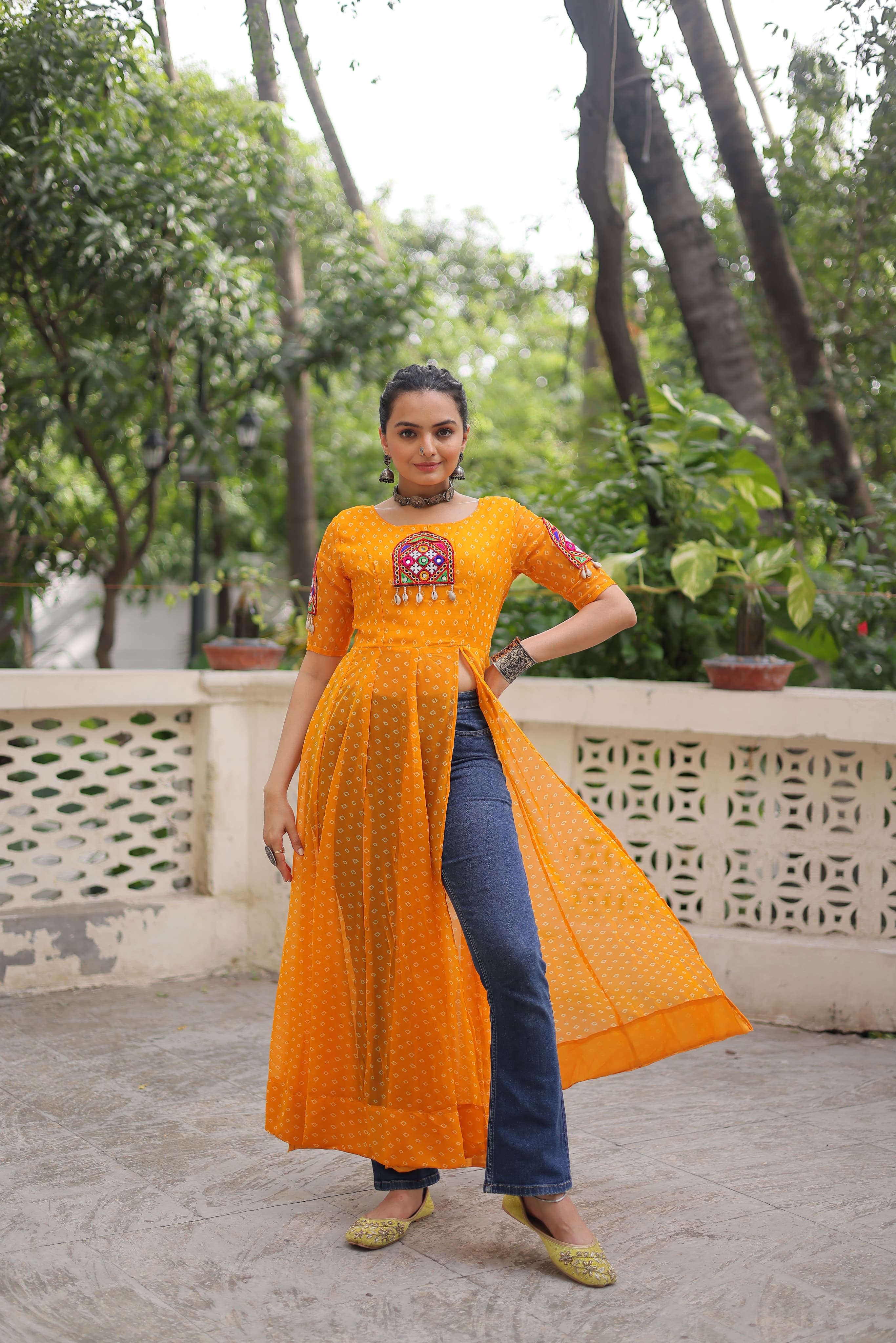 Prazu Fashion Yellow Georgette Bandhani Print With Kutchi Patch Work Navaratri Kurti
