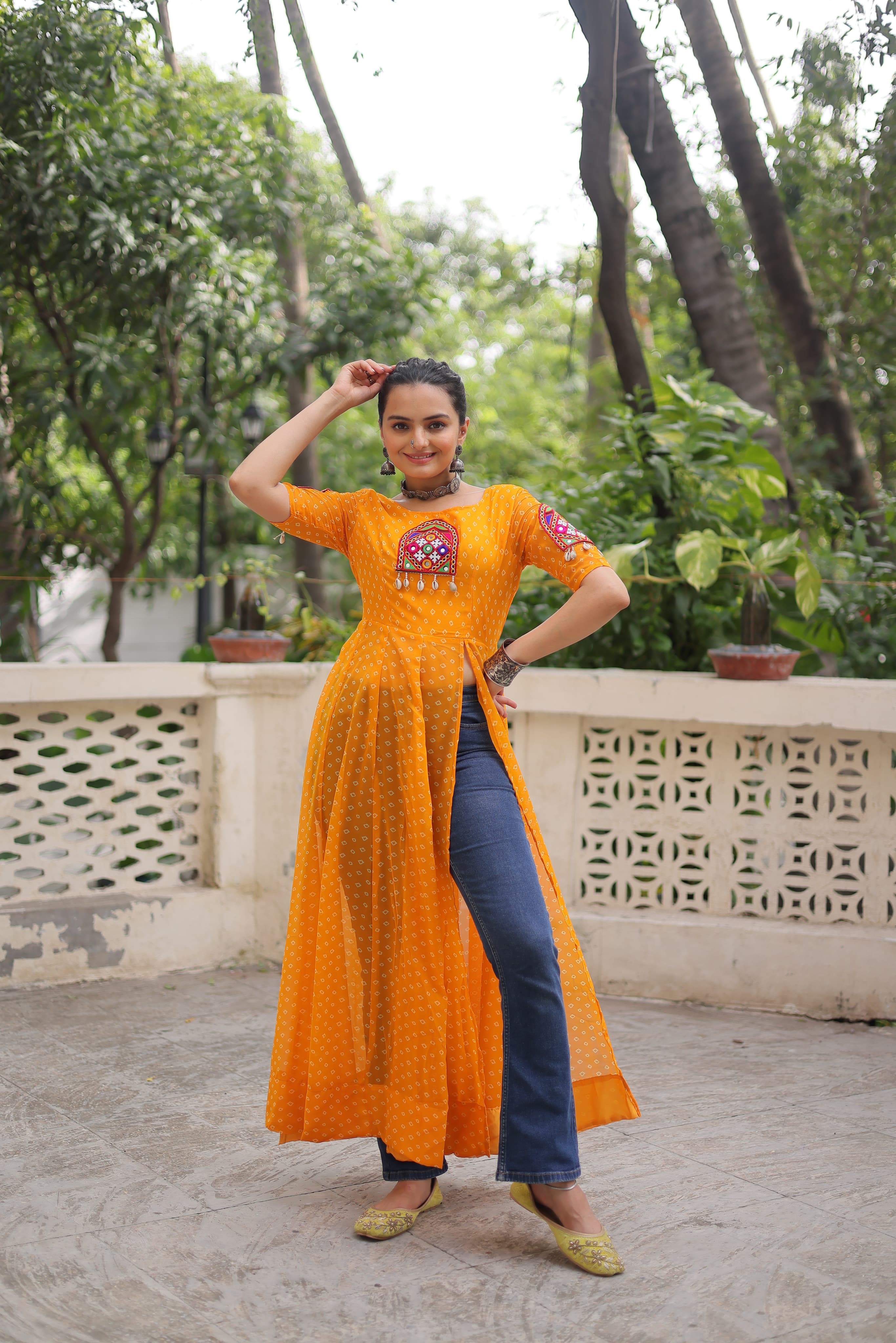 Prazu Fashion Yellow Georgette Bandhani Print With Kutchi Patch Work Navaratri Kurti