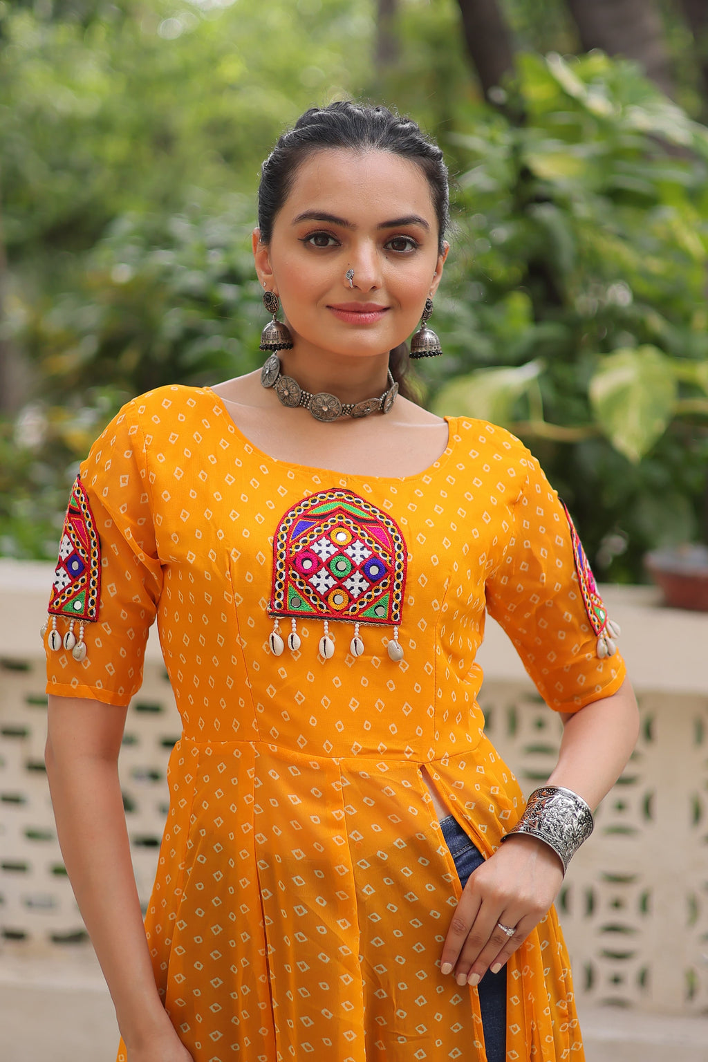 Prazu Fashion Yellow Georgette Bandhani Print With Kutchi Patch Work Navaratri Kurti