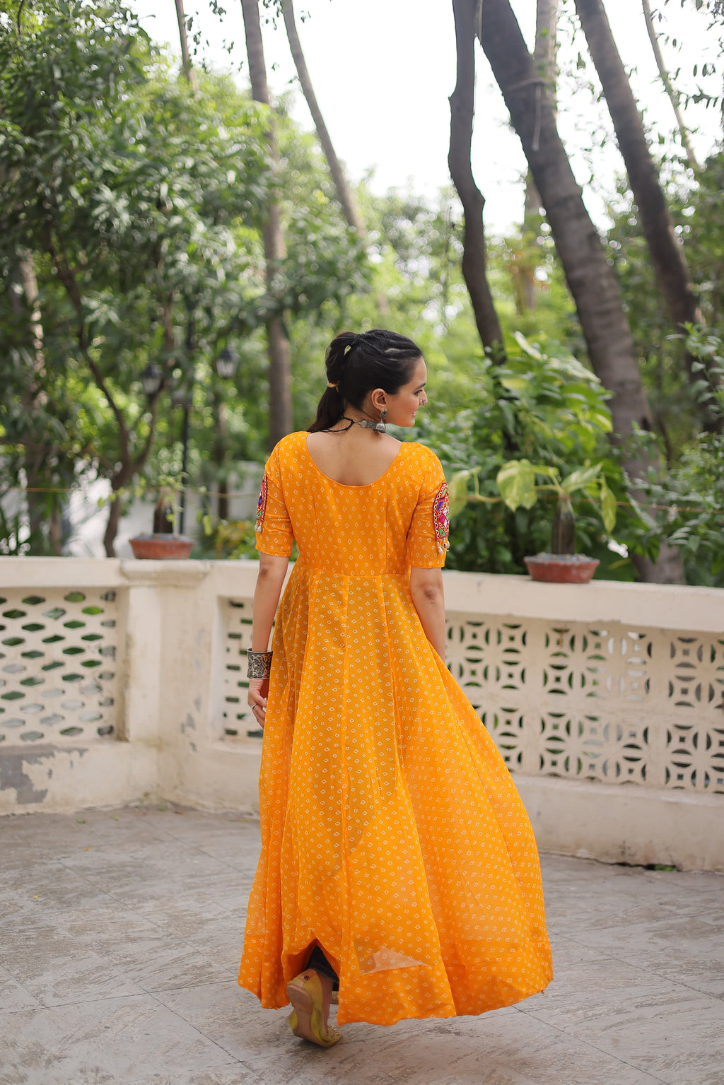 Prazu Fashion Yellow Georgette Bandhani Print With Kutchi Patch Work Navaratri Kurti