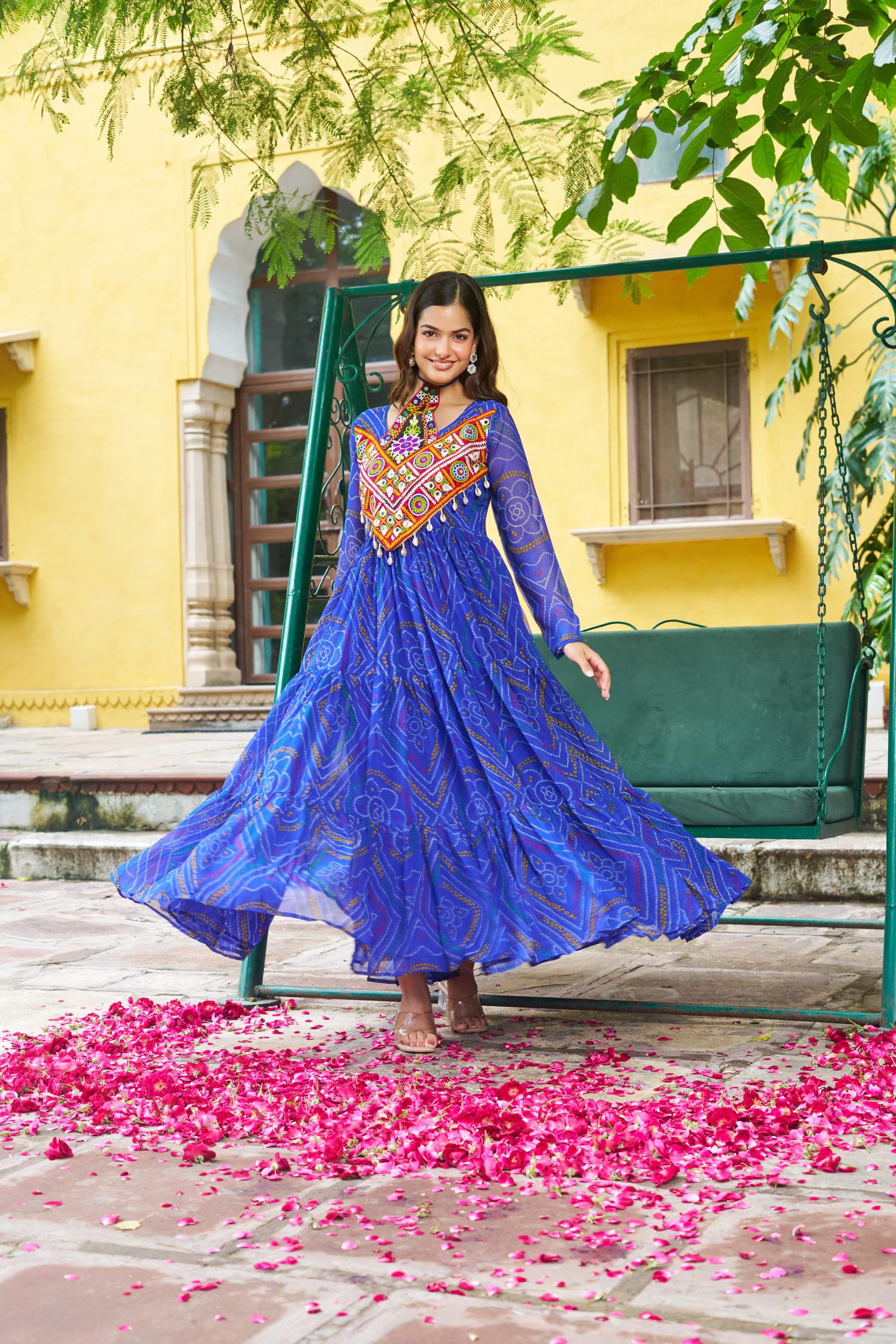 Prazu Fashion Blue Georgette Bandhani Print With Kutchi Patch work Navaratri Kurti