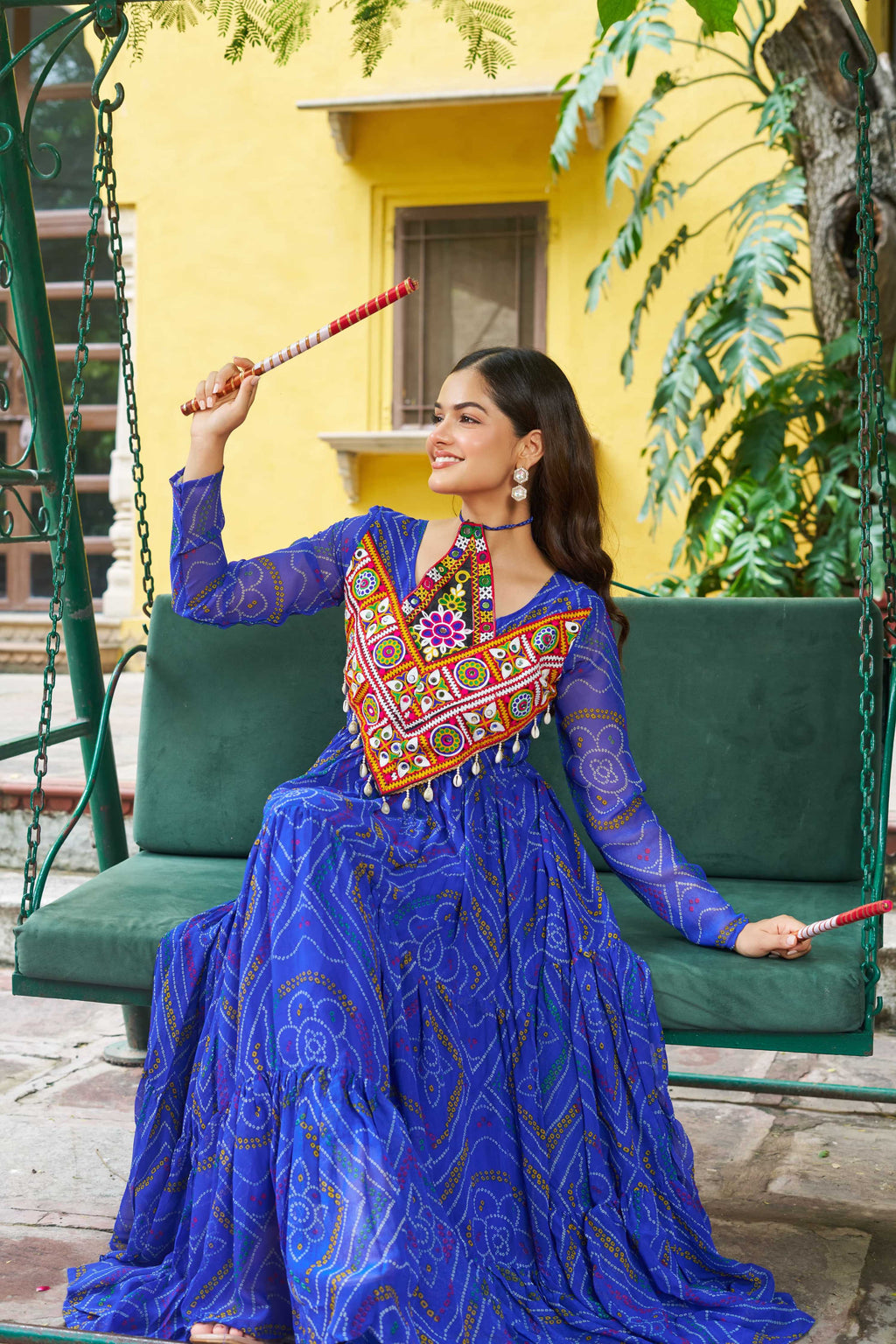 Prazu Fashion Blue Georgette Bandhani Print With Kutchi Patch work Navaratri Kurti