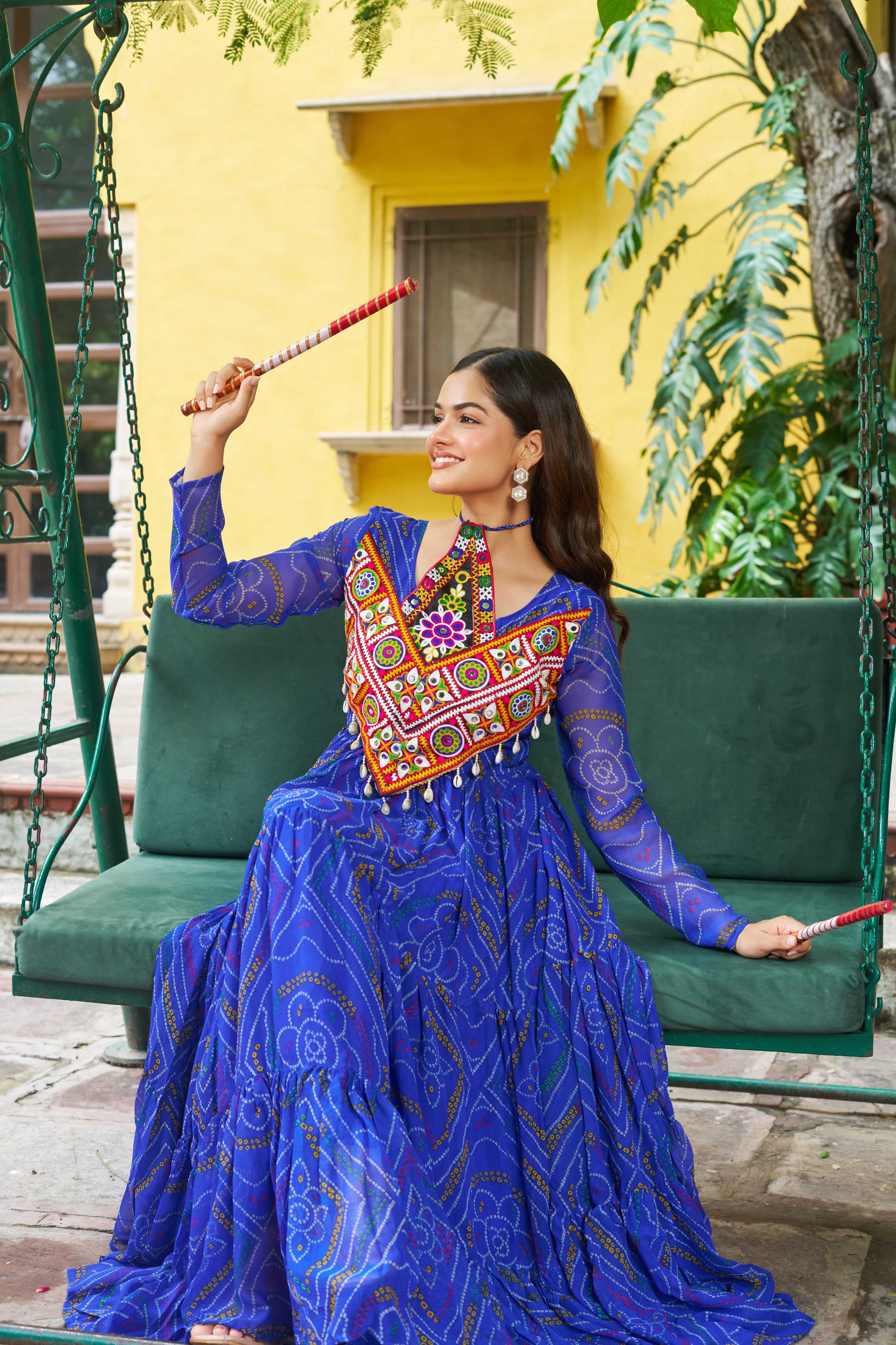 Prazu Fashion Blue Georgette Bandhani Print With Kutchi Patch work Navaratri Kurti