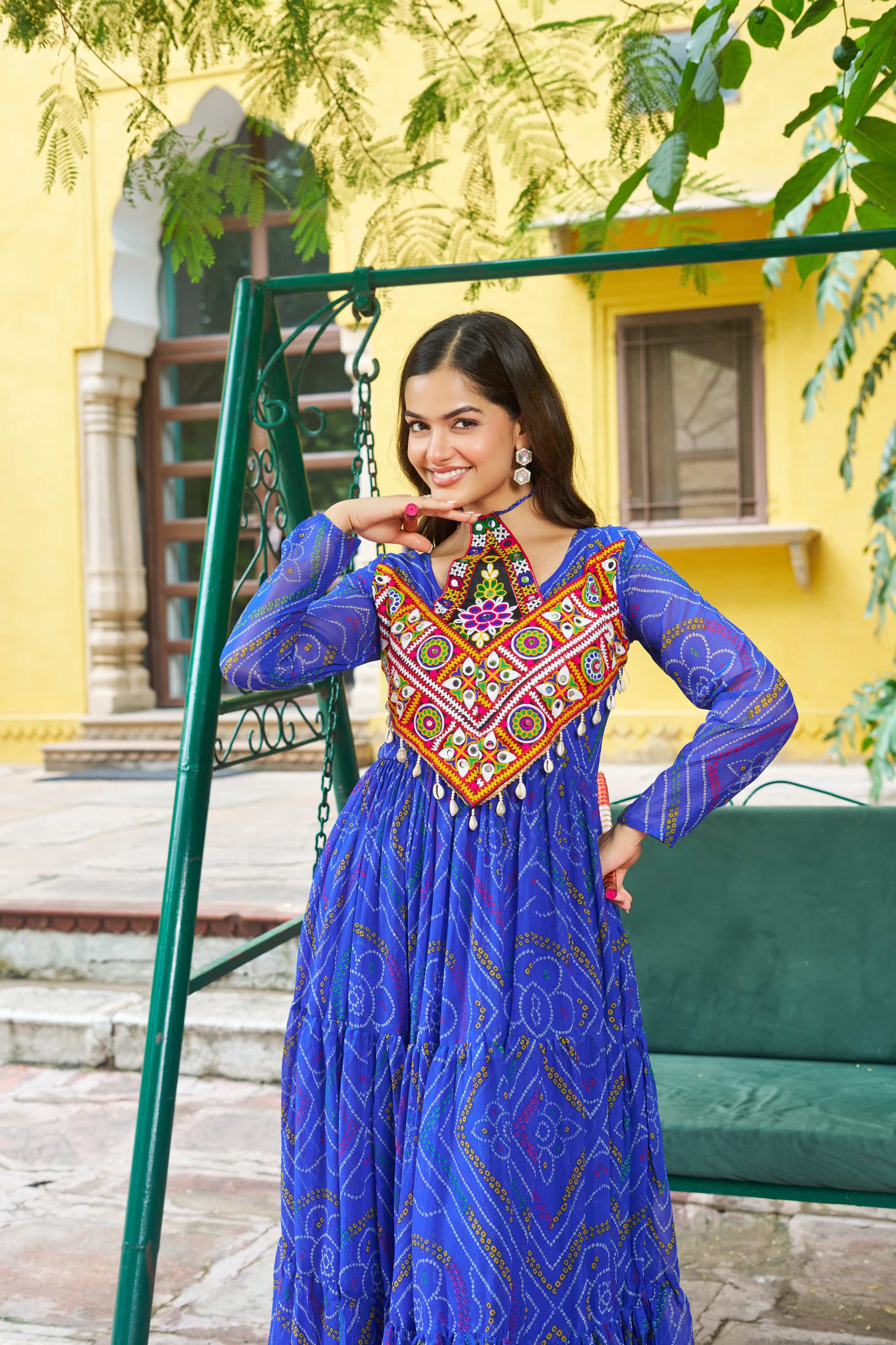 Prazu Fashion Blue Georgette Bandhani Print With Kutchi Patch work Navaratri Kurti
