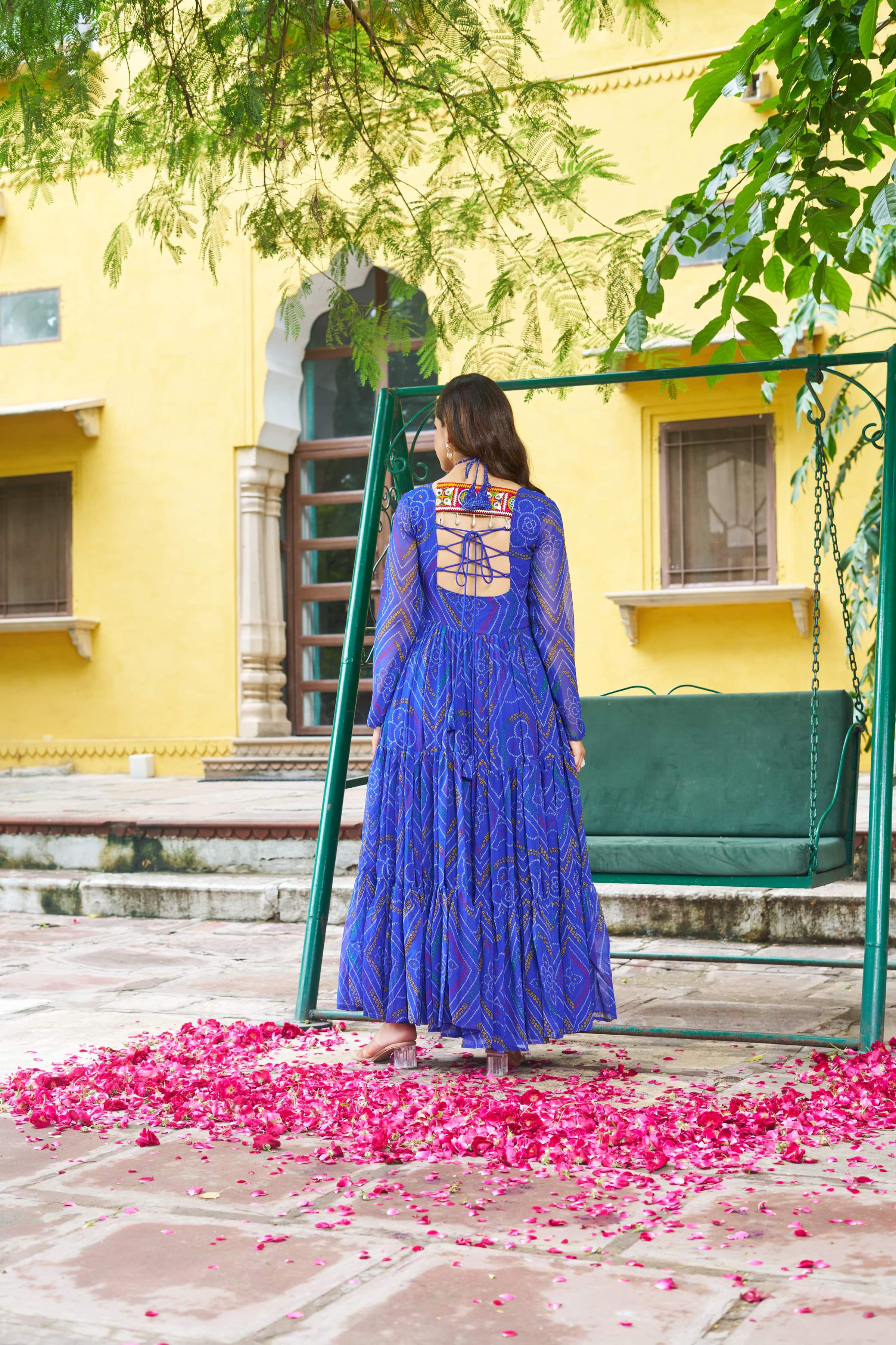 Prazu Fashion Blue Georgette Bandhani Print With Kutchi Patch work Navaratri Kurti