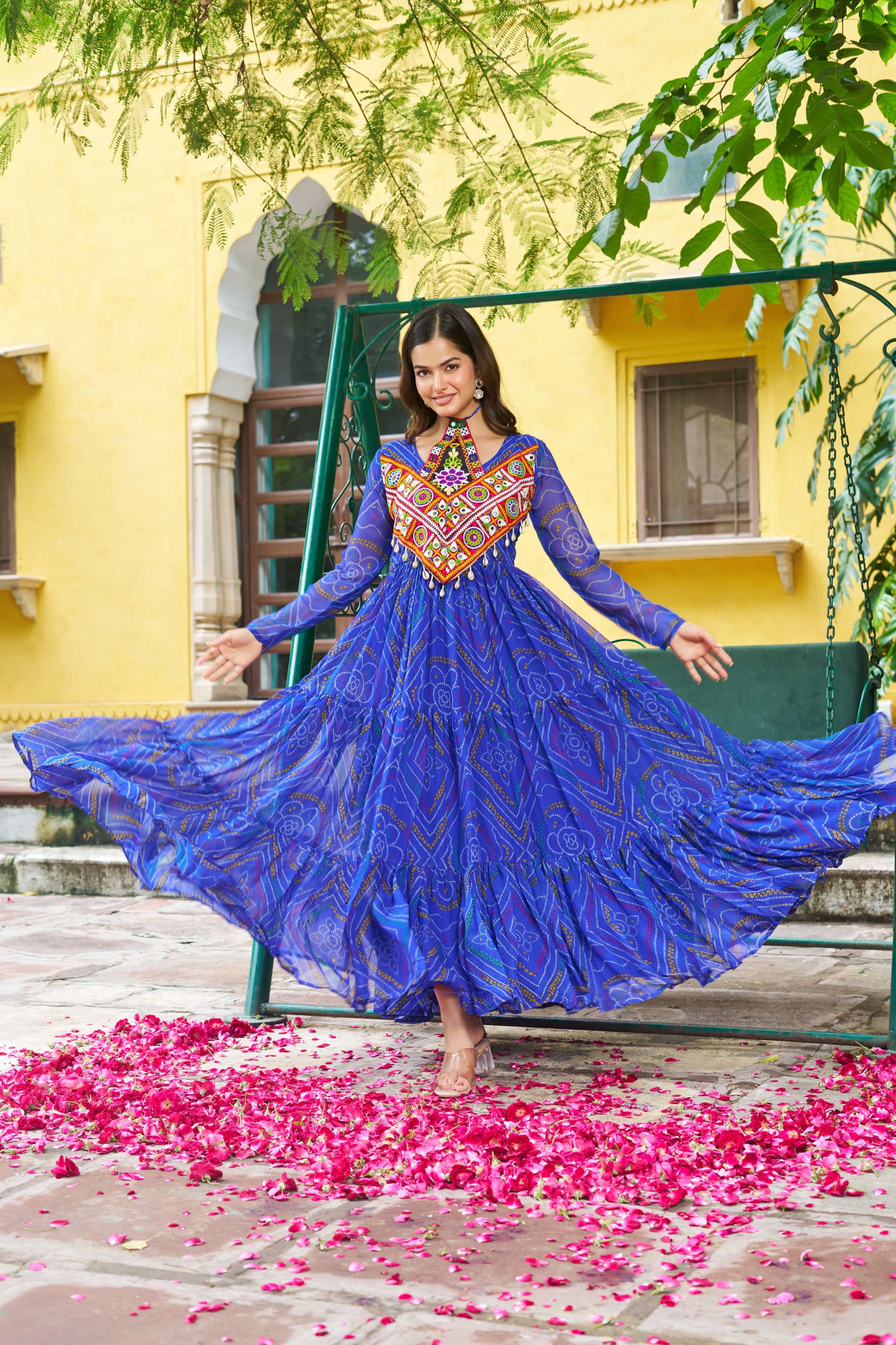 Prazu Fashion Blue Georgette Bandhani Print With Kutchi Patch work Navaratri Kurti
