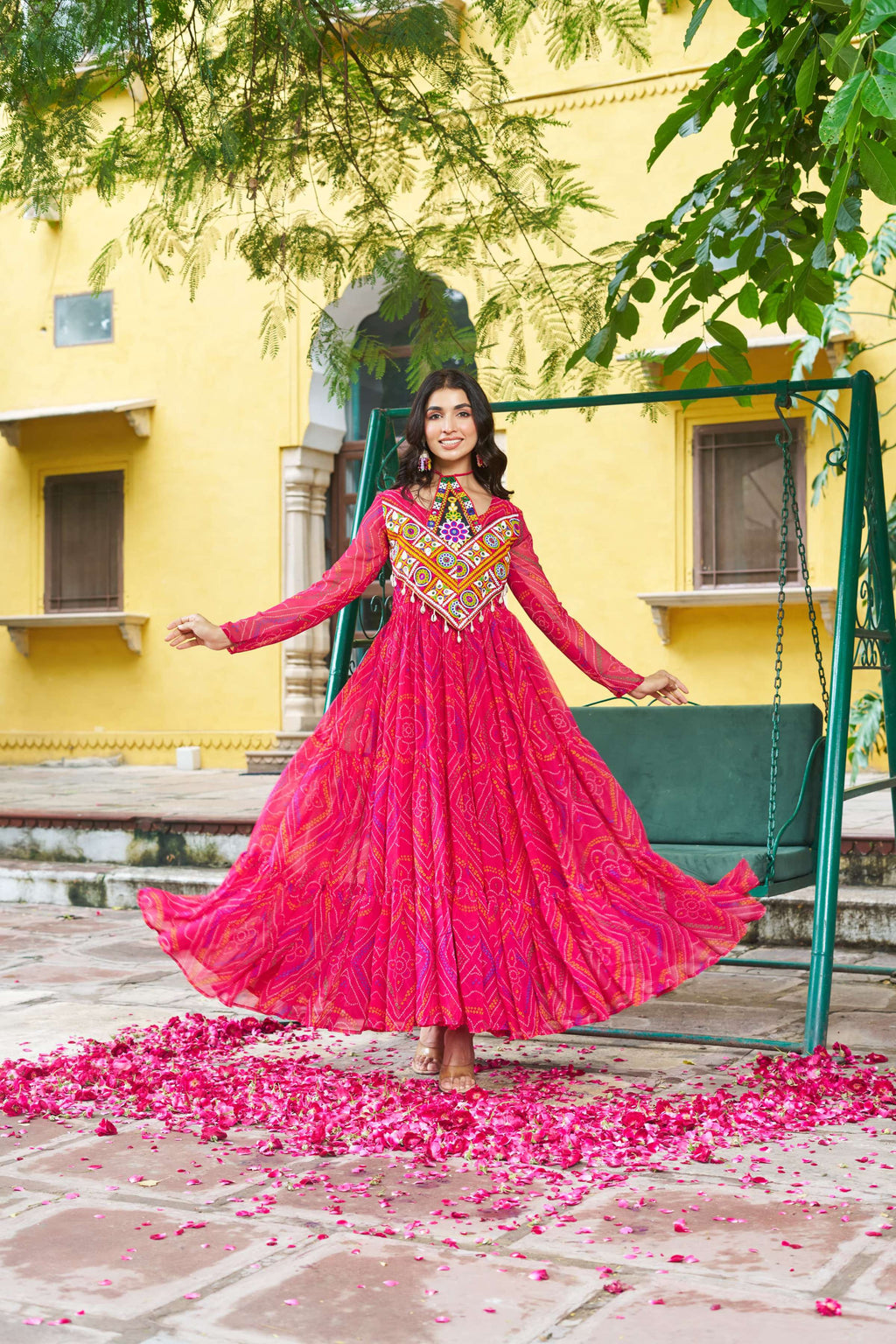 Prazu Fashion Pink Georgette Bandhani Print With Kutchi Patch work Navaratri Kurti