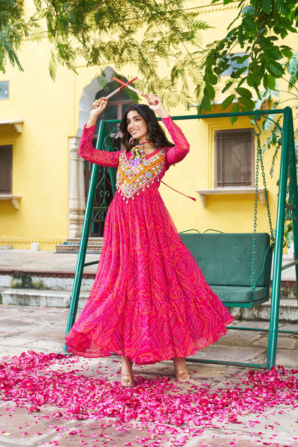 Prazu Fashion Pink Georgette Bandhani Print With Kutchi Patch work Navaratri Kurti