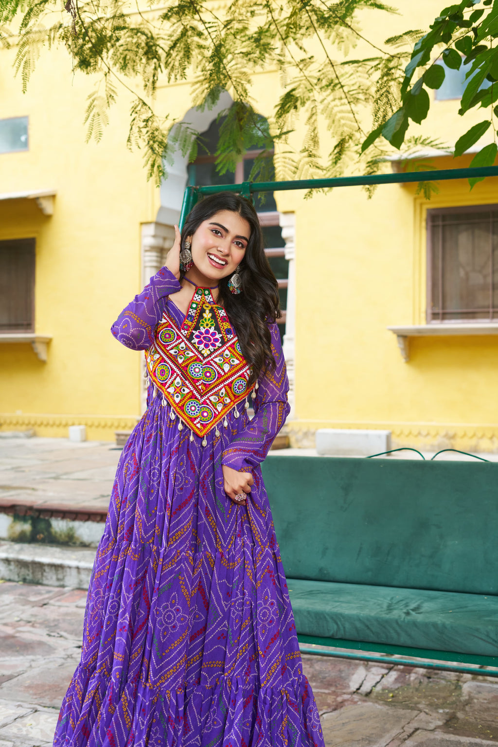 Prazu Fashion Violet Georgette Bandhani Print With Kutchi Patch work Navaratri Kurti