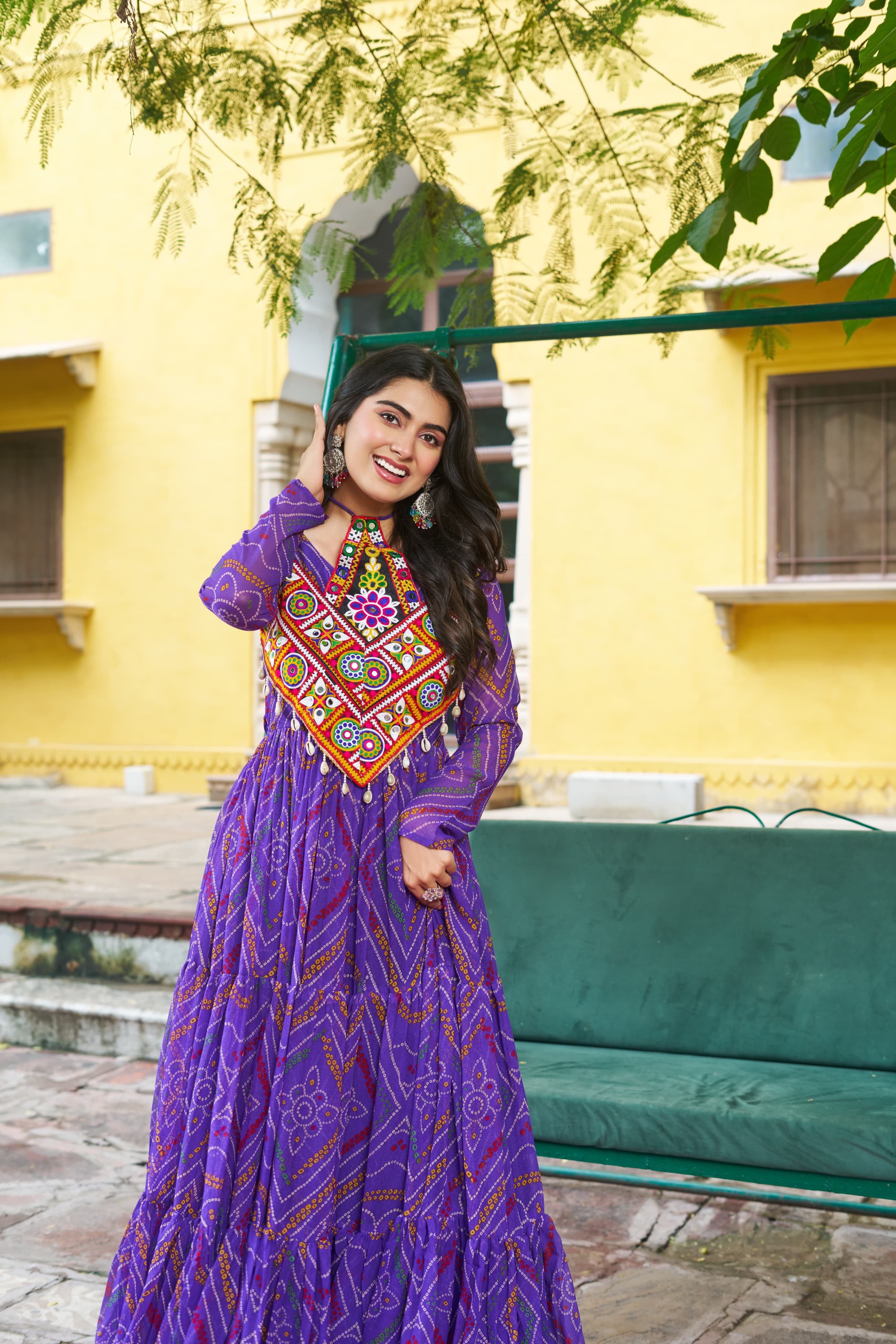 Prazu Fashion Violet Georgette Bandhani Print With Kutchi Patch work Navaratri Kurti