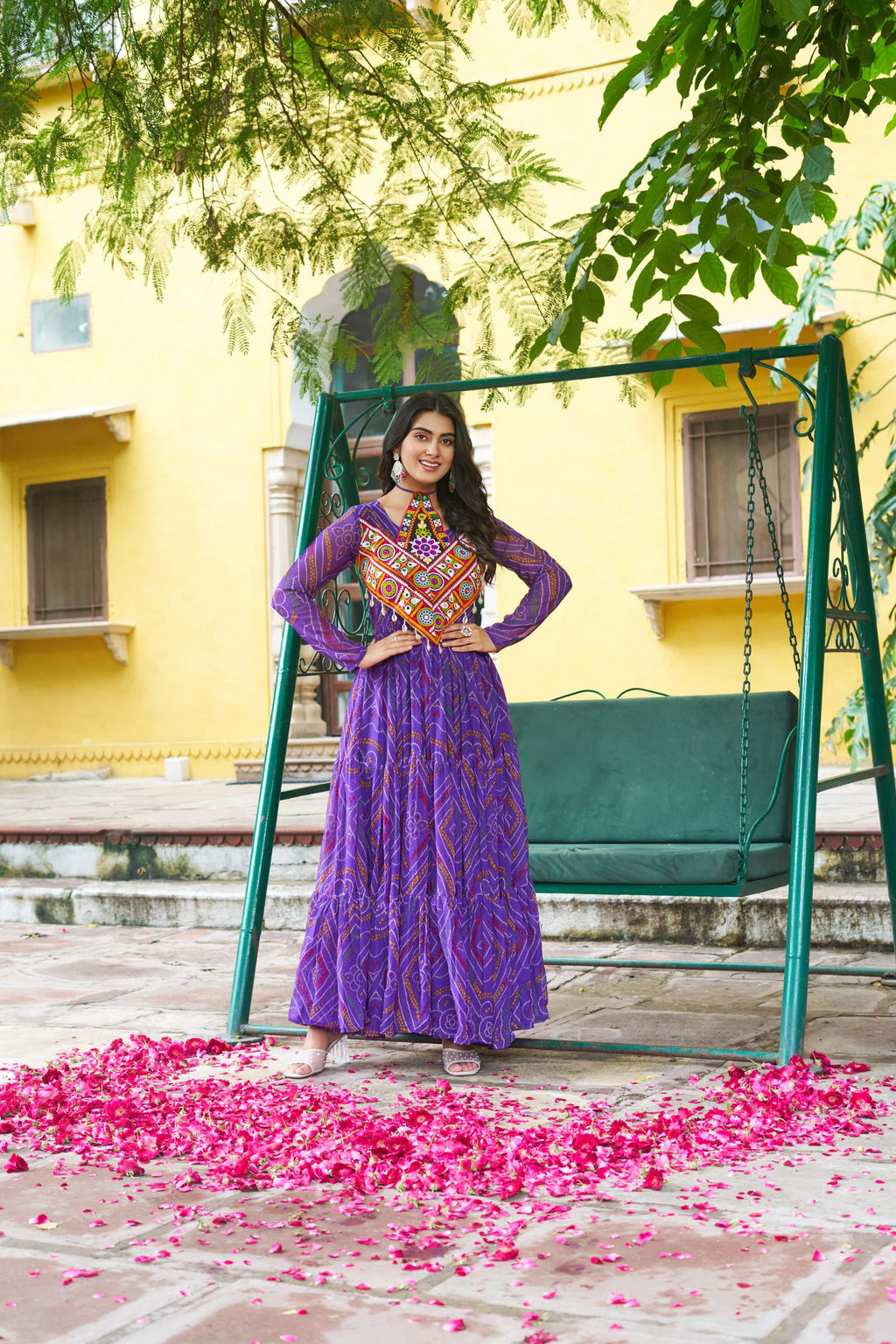 Prazu Fashion Violet Georgette Bandhani Print With Kutchi Patch work Navaratri Kurti
