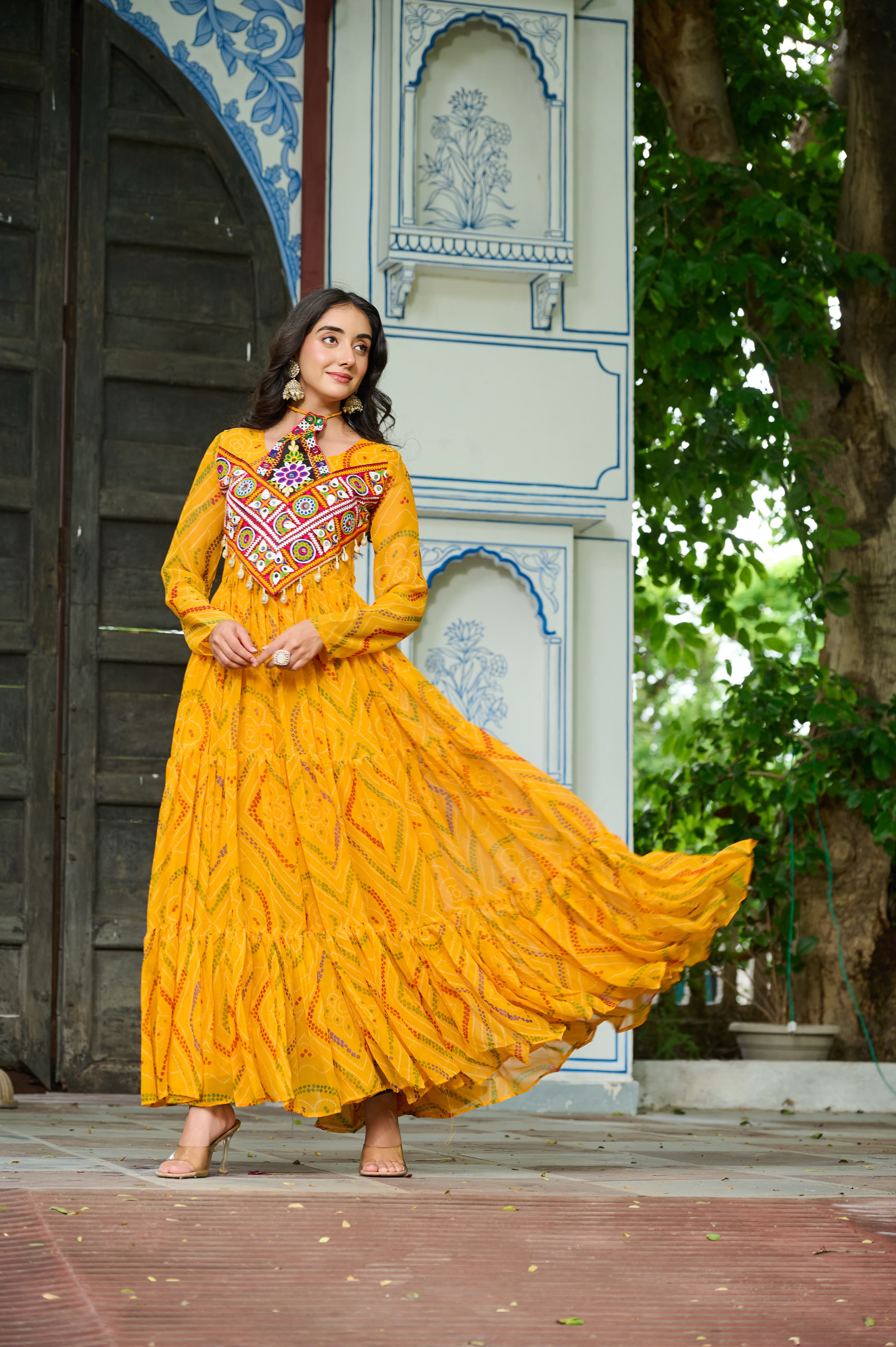 Prazu Fashion Yellow Georgette Bandhani Print With Kutchi Patch work Navaratri Kurti