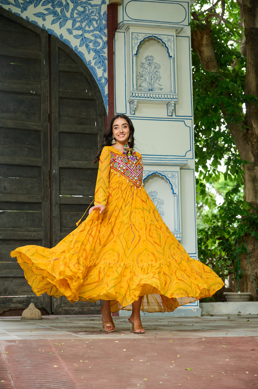 Prazu Fashion Yellow Georgette Bandhani Print With Kutchi Patch work Navaratri Kurti