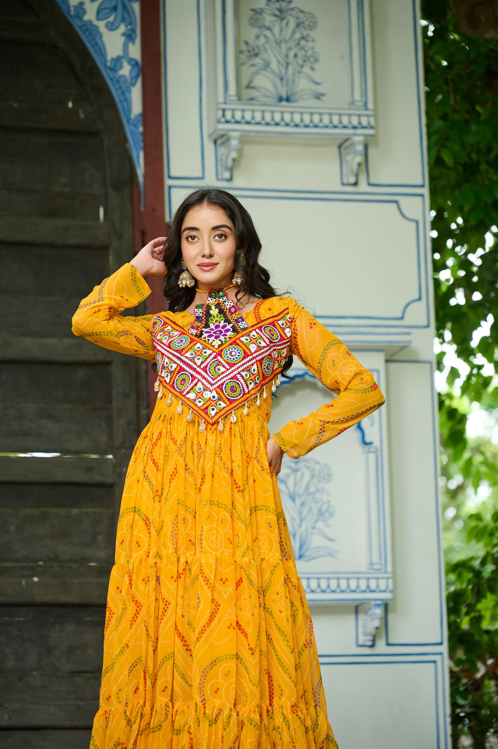 Prazu Fashion Yellow Georgette Bandhani Print With Kutchi Patch work Navaratri Kurti