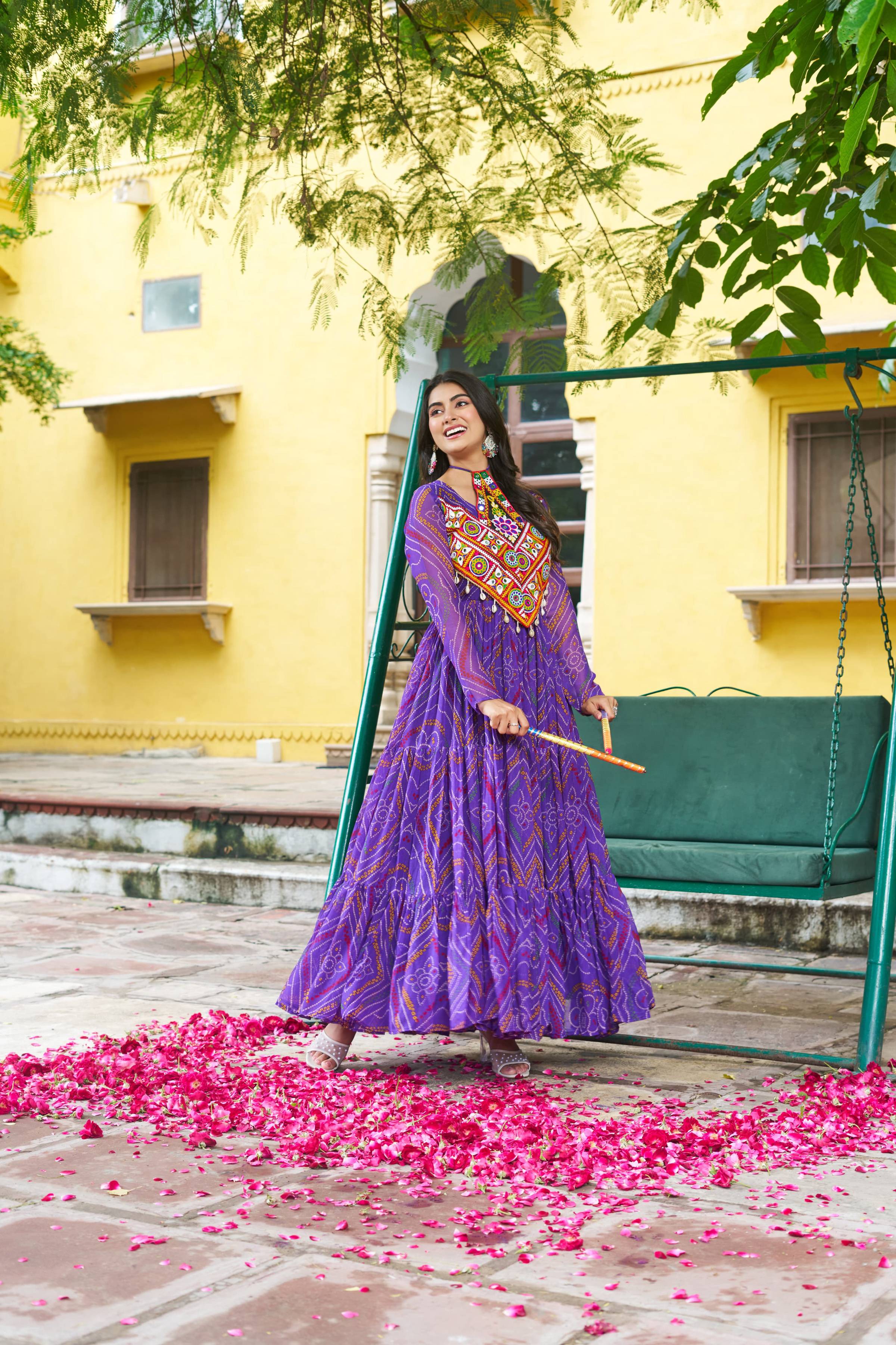Prazu Fashion Purple Georgette Bandhani Print With Kutchi Patchwork Navratri Gown