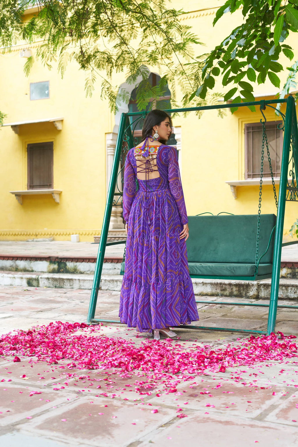 Prazu Fashion Purple Georgette Bandhani Print With Kutchi Patchwork Navratri Gown