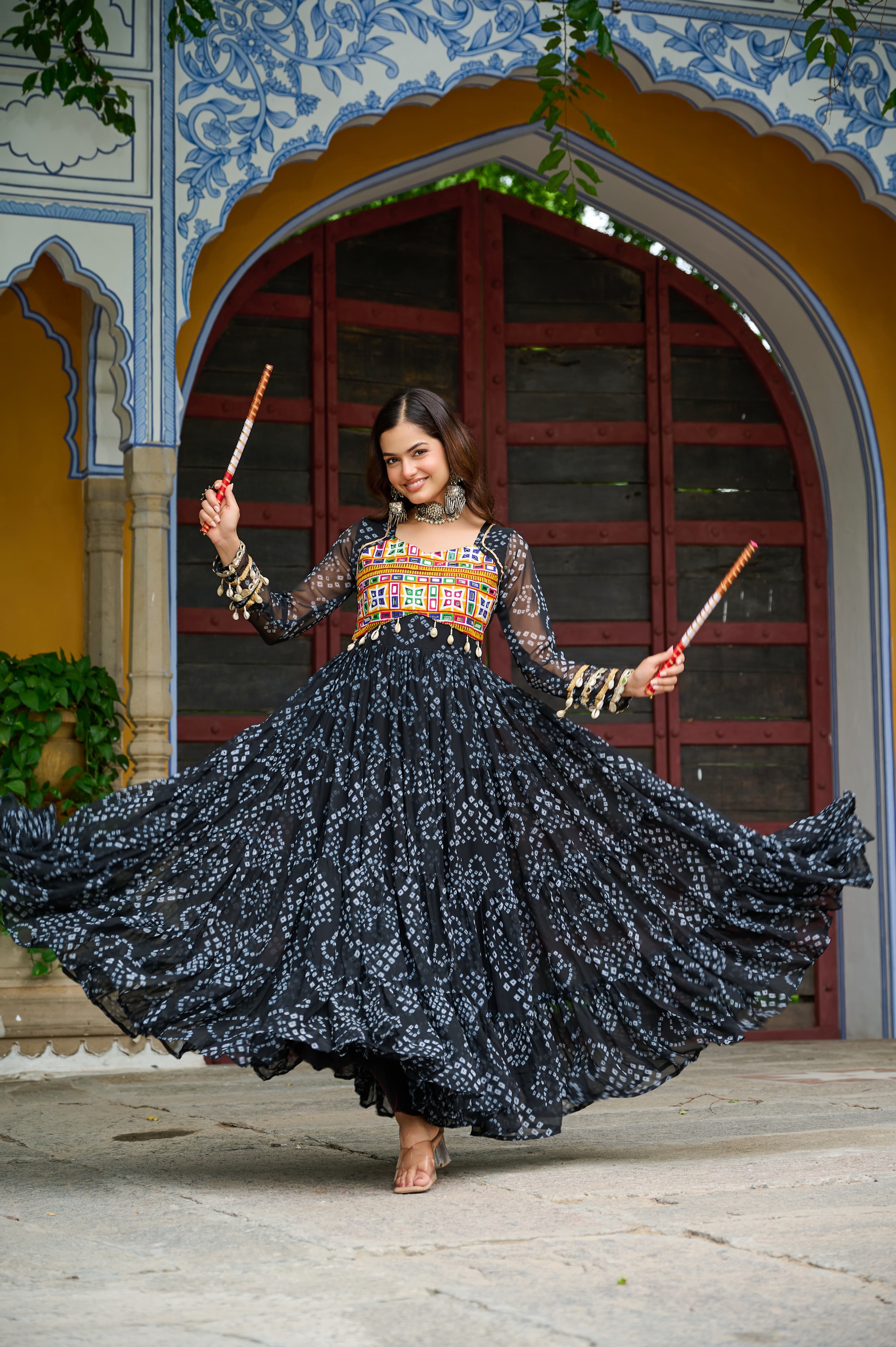 Prazu Fashion Black Georgette Bandhani Print With Kutchi Patch work Navaratri Gown
