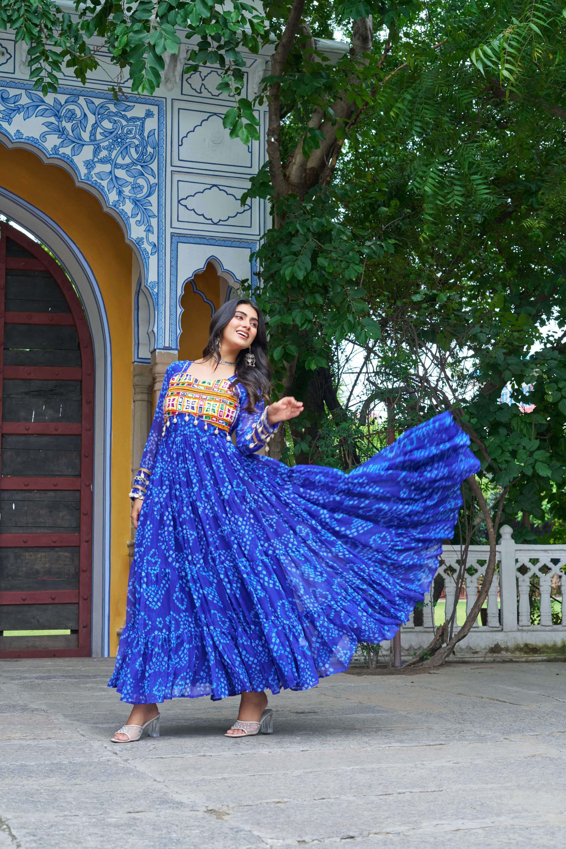 Prazu Fashion Blue Georgette Bandhani Print With Kutchi Patch work Navaratri Gown