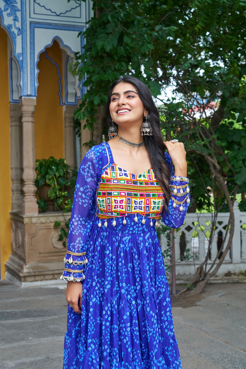 Prazu Fashion Blue Georgette Bandhani Print With Kutchi Patch work Navaratri Gown