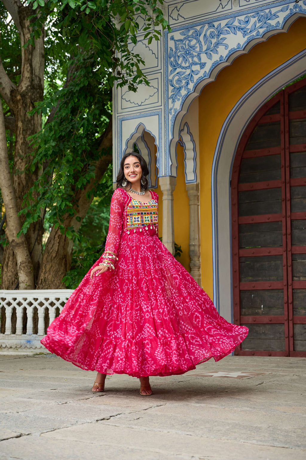 Prazu Fashion Pink Georgette Bandhani Print With Kutchi Patch work Navaratri Gown