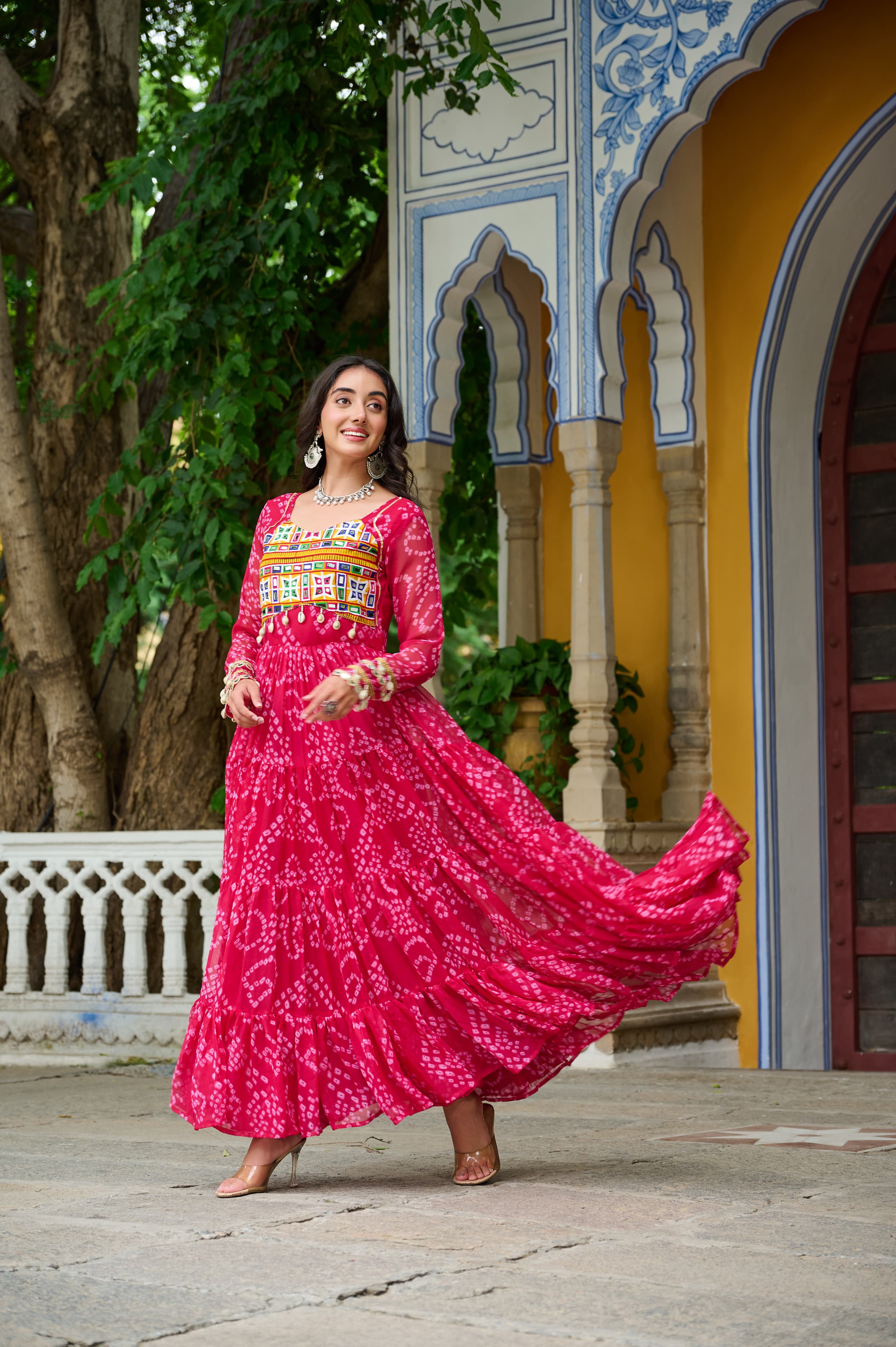 Prazu Fashion Pink Georgette Bandhani Print With Kutchi Patch work Navaratri Gown