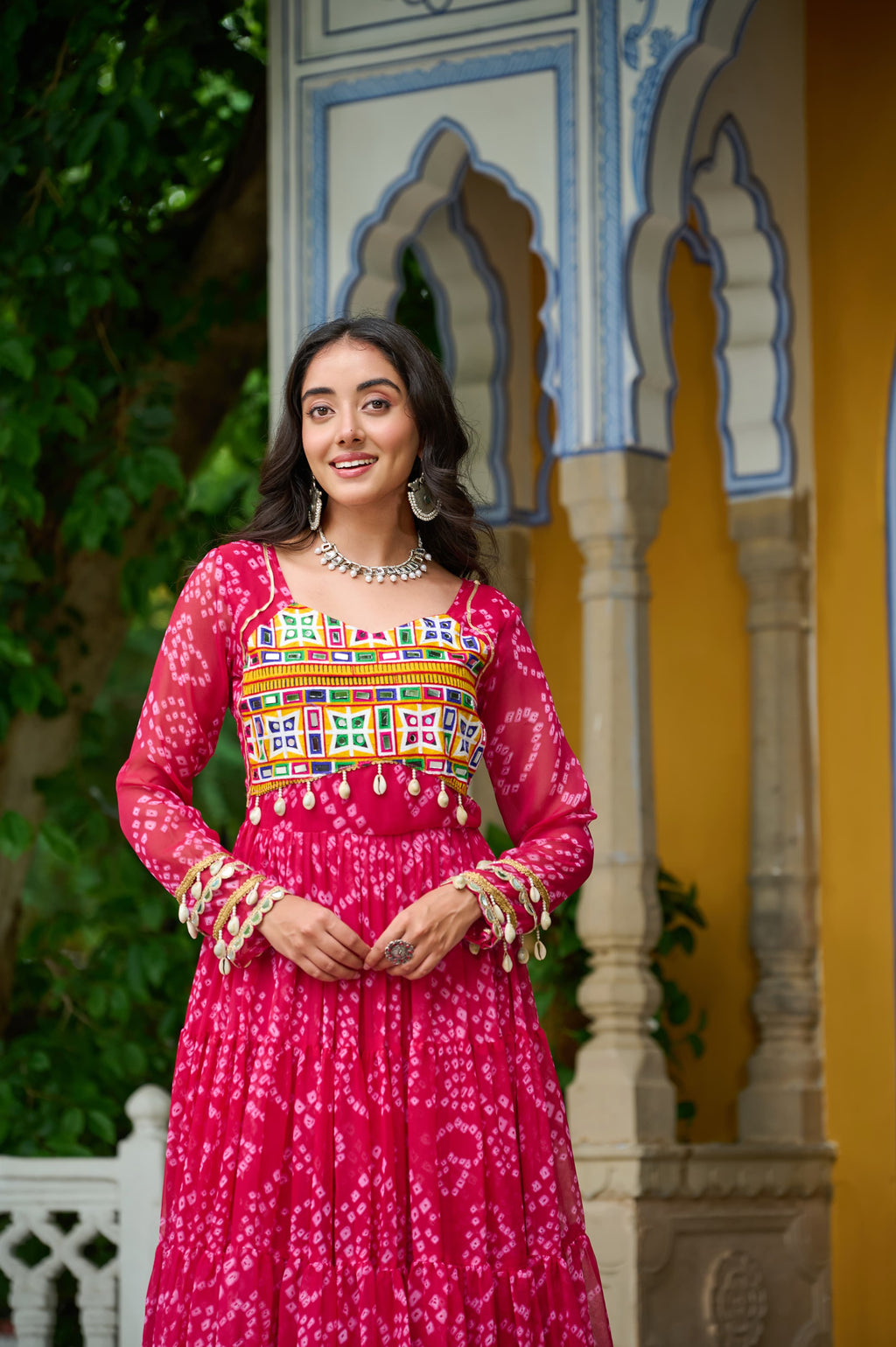 Prazu Fashion Pink Georgette Bandhani Print With Kutchi Patch work Navaratri Gown
