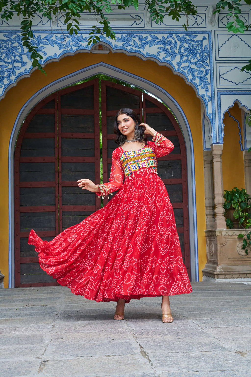 Prazu Fashion Red Georgette Bandhani Print With Kutchi Patch work Navaratri Gown