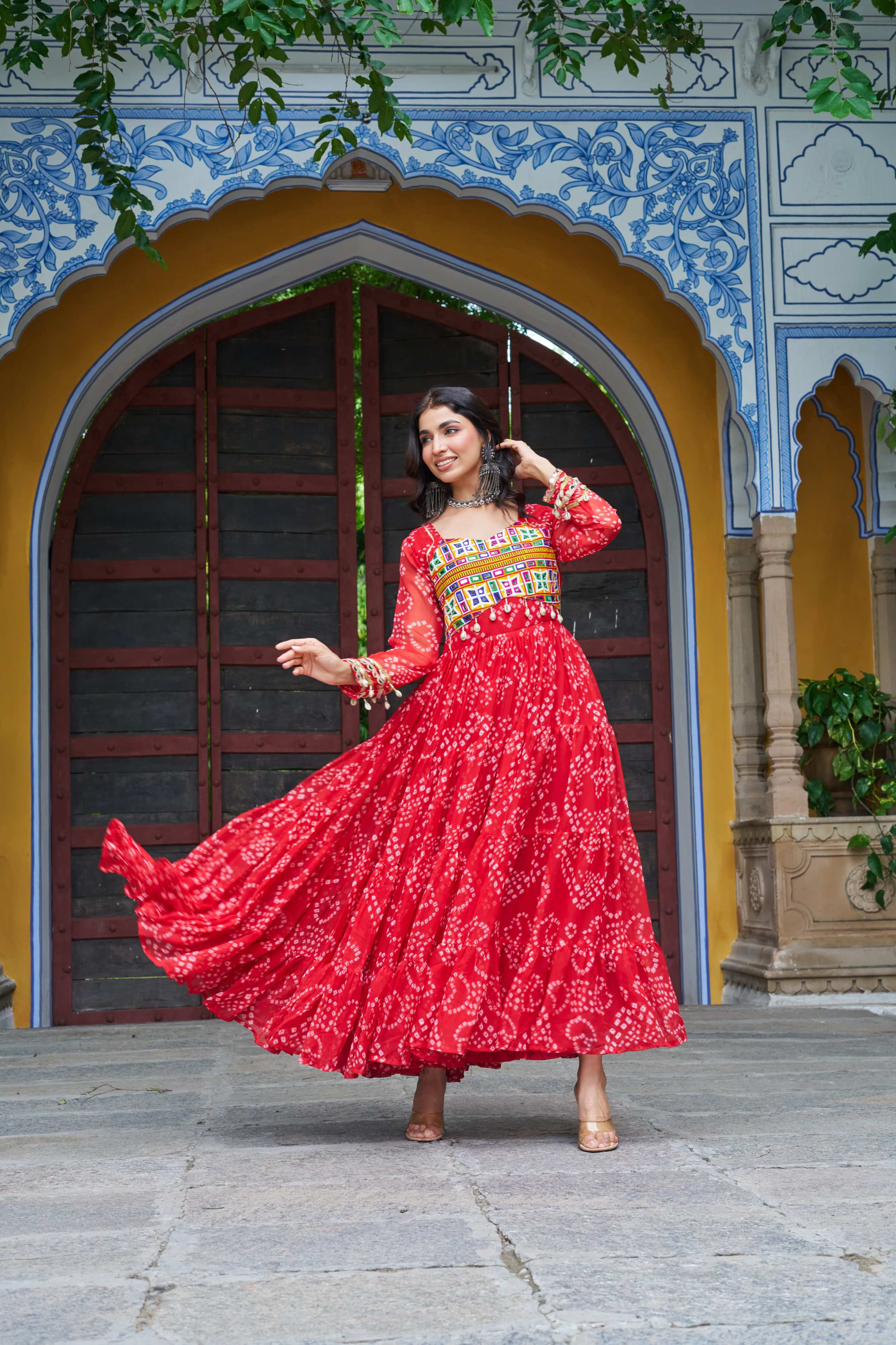 Prazu Fashion Red Georgette Bandhani Print With Kutchi Patch work Navaratri Gown