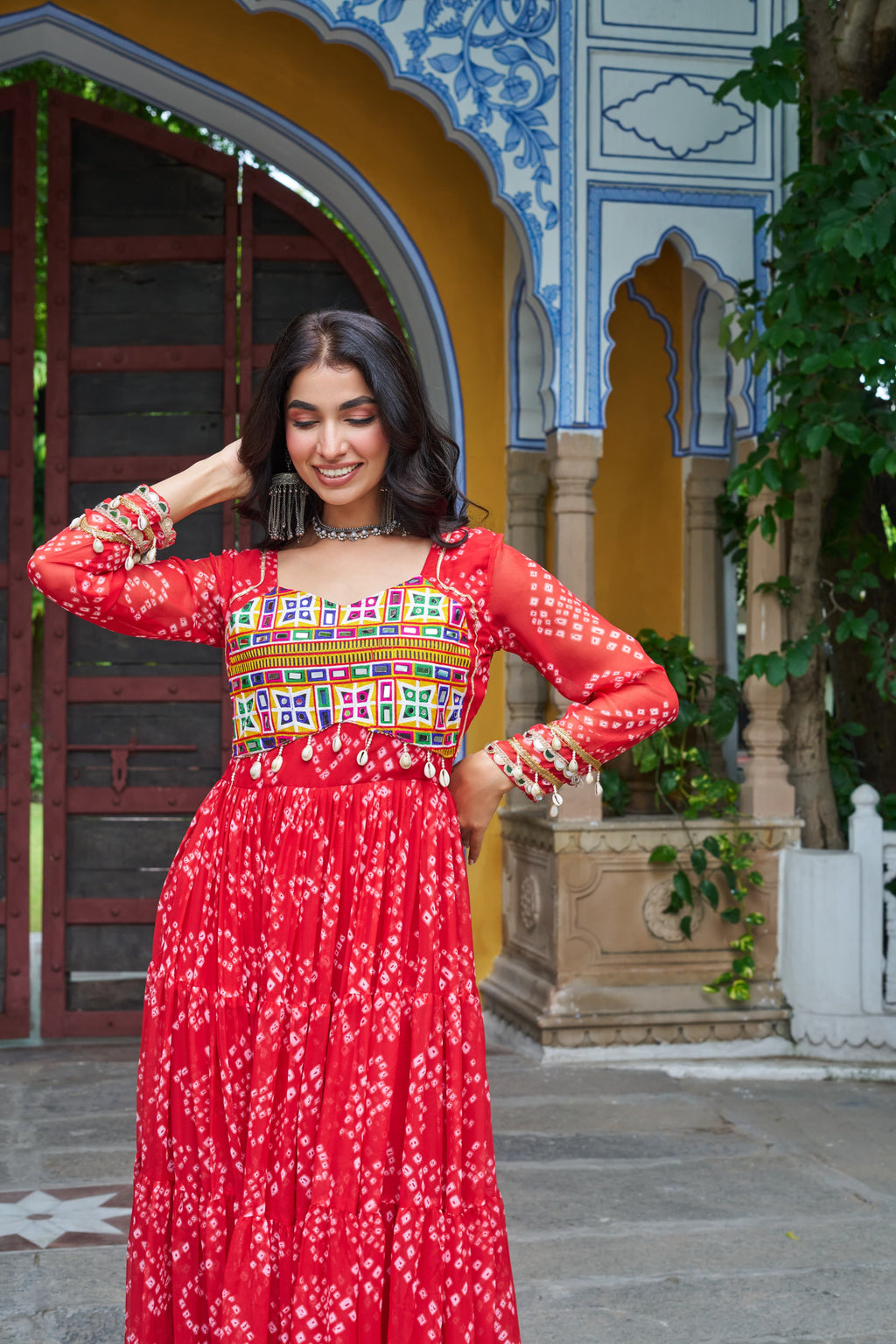 Prazu Fashion Red Georgette Bandhani Print With Kutchi Patch work Navaratri Gown