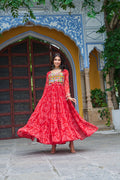 Prazu Fashion Red Georgette Bandhani Print With Kutchi Patch work Navaratri Gown