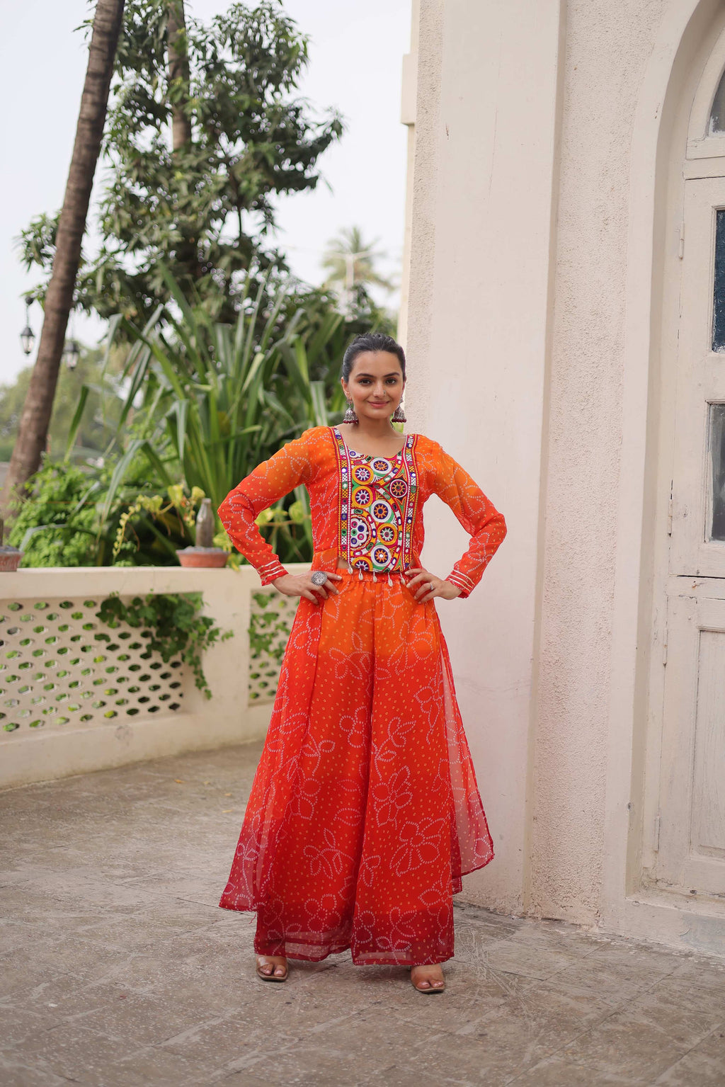 Prazu Fashion Orange Georgette Bandhani Print Gamthi Patchwork Suit For Navratri