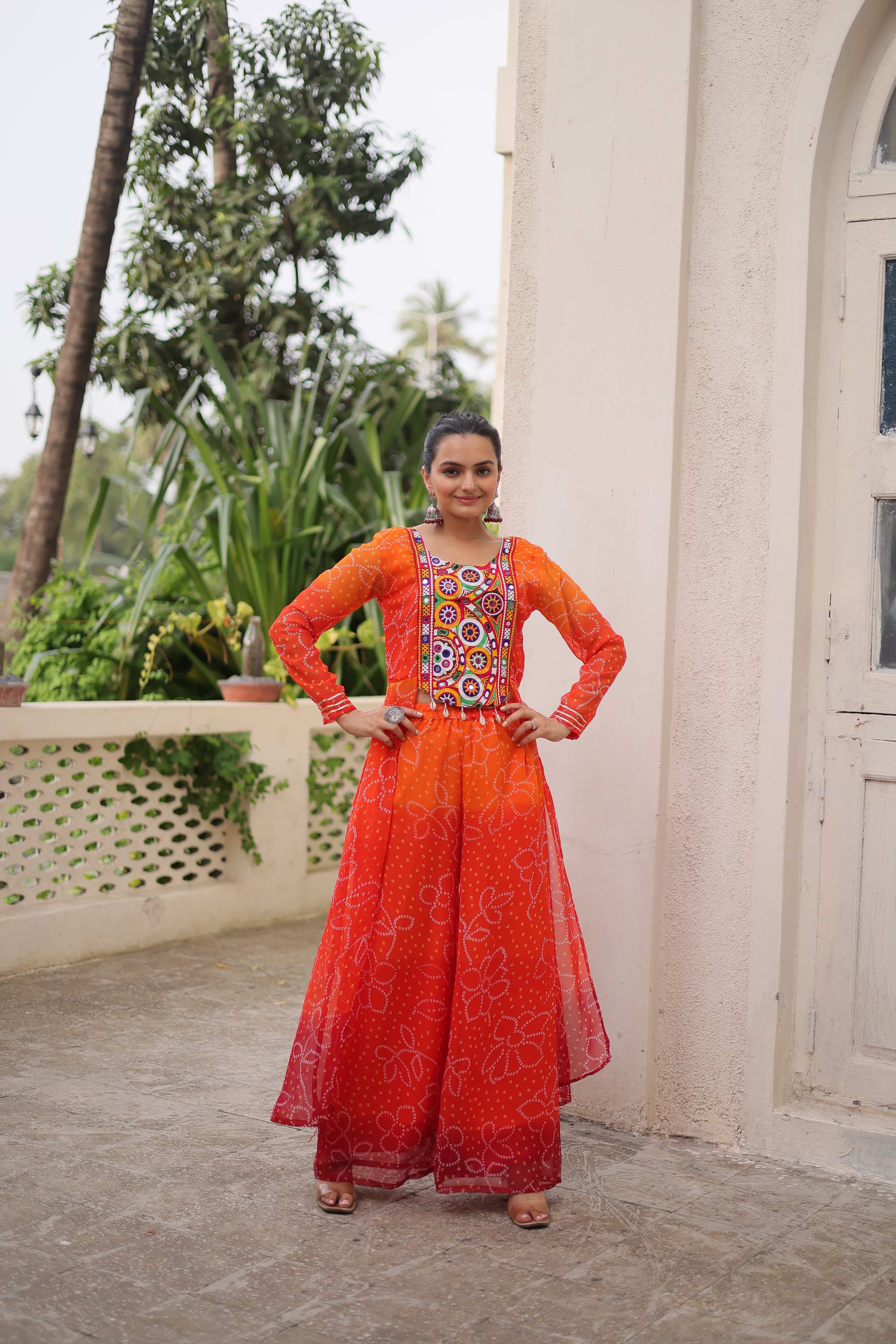 Prazu Fashion Orange Georgette Bandhani Print Gamthi Patchwork Suit For Navratri